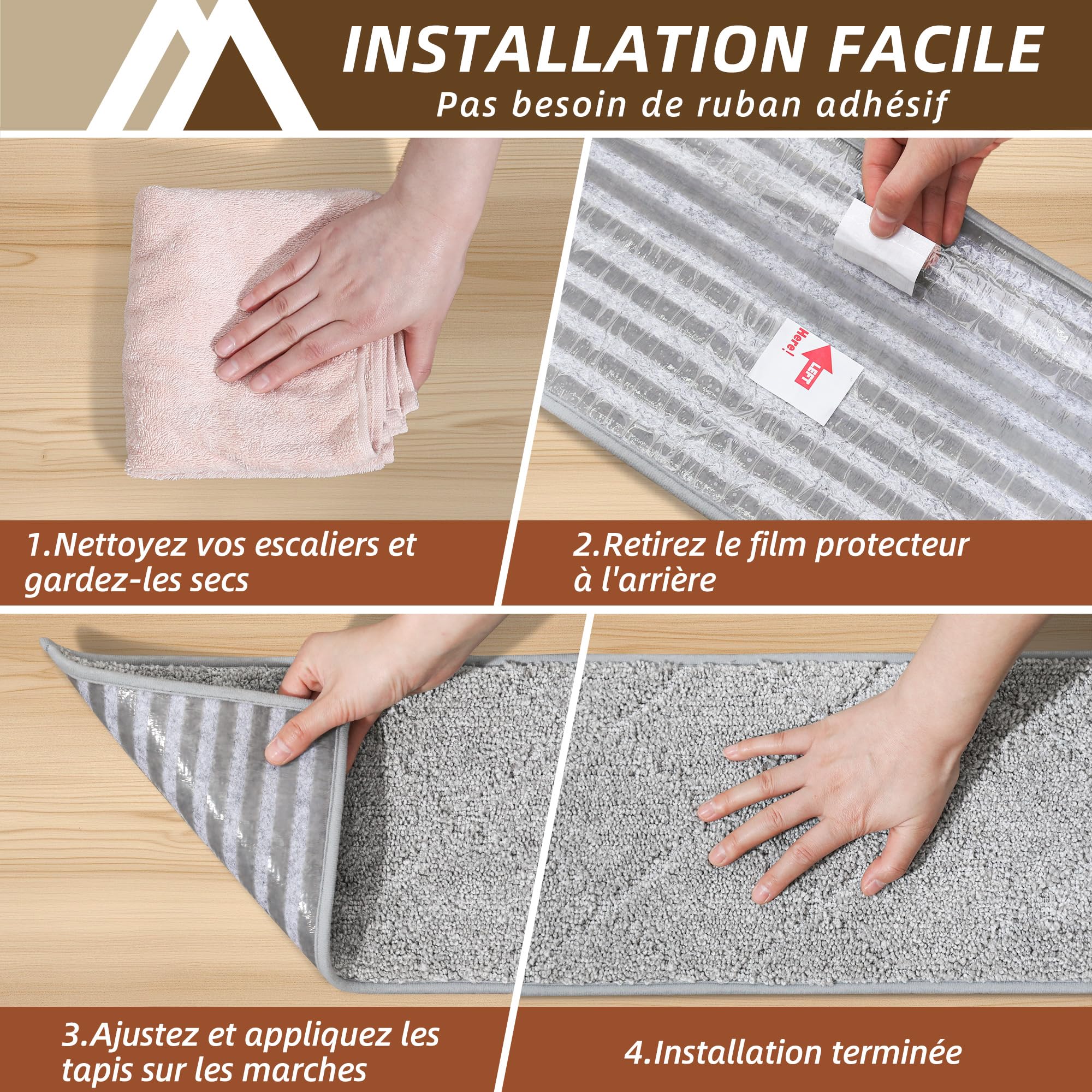 COSY HOMEER Tapis Escalier Antidérapant Lot de 15, 70 x 22 cm – Moquette Escalier Rutschfeste, Lavable en Machine, 100% Polyester, Dos TPE, Gris