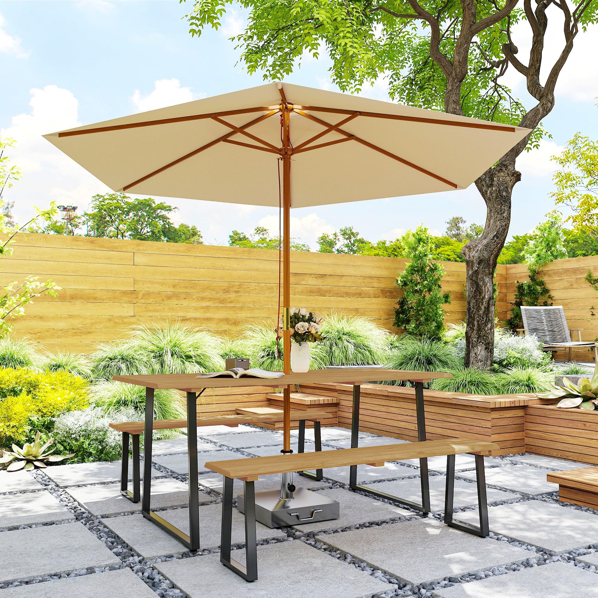 Outsunny Sitzgruppe 3-teilig Holz Essgruppe für 6 Personen mit Esstisch und 2 Bänken Schirmloch Esszimmergruppe Holztisch Küchentisch-Set Gartenmöbel für Balkon Terrasse Naturholz