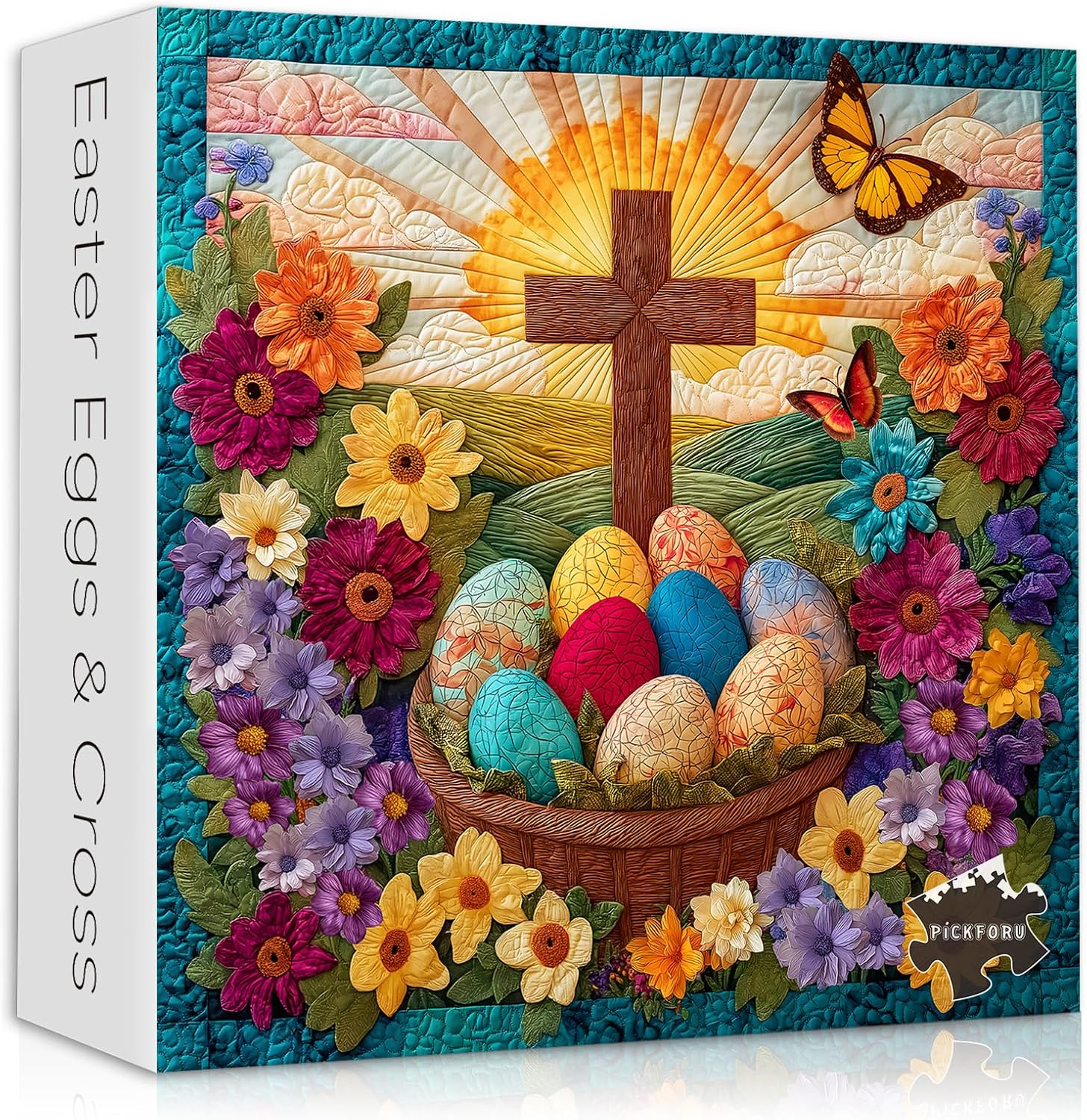 Easter Egg Puzzles for Adults 1000 Pieces, Christian Catholic Cross Floral Colorful Eggs Quilt Jigsaw Puzzles, Religious Faith Theme Flower Patchwork Art Puzzle, Vintage Color Challenging for Adults
