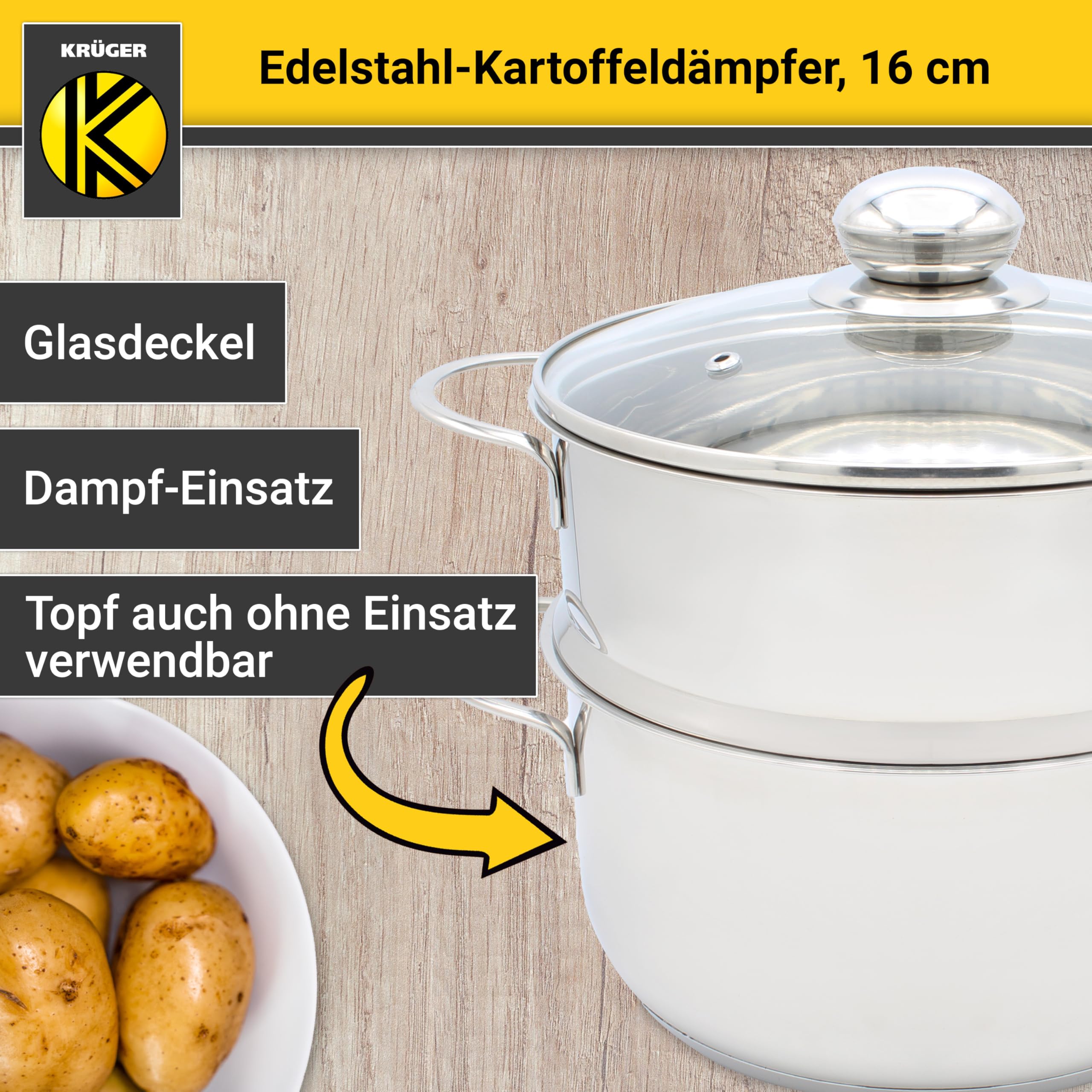 Krüger Edelstahl-Kartoffeldämpfer mit Glasdeckel - Bio-Dünster mit praktischem Schüttrand & energiesparendem Kapselboden - Topf für wasserarmes Garen & fettarmes Braten (16 cm) | PFAS-frei & unbeschichtet|Mit Glasdeckel & Kapselboden|Induktionsgeeignet|Sp