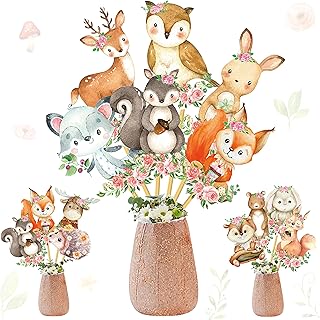 Woodland Party Centerpieces Decoration 24pcs Floral Woodland Animal Table Toppers for Woodland Baby Shower Centerpieces Decoration Forest Animal Birthday Party Supplies