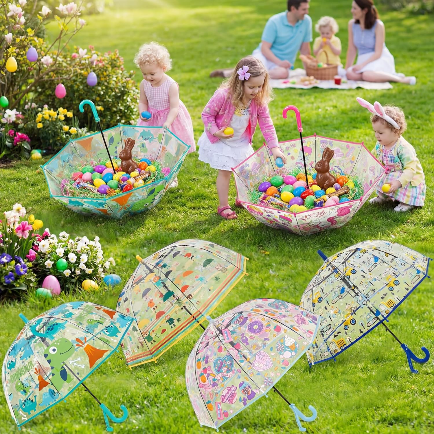 Silkfly 6 Pack Kids Clear Bubble Umbrella, Unicorn and Dinosaur Transparent Rainbow Dome with Easy Grip Handle for Toddler Girls and Boys, Easter Basket Stuffer Gift