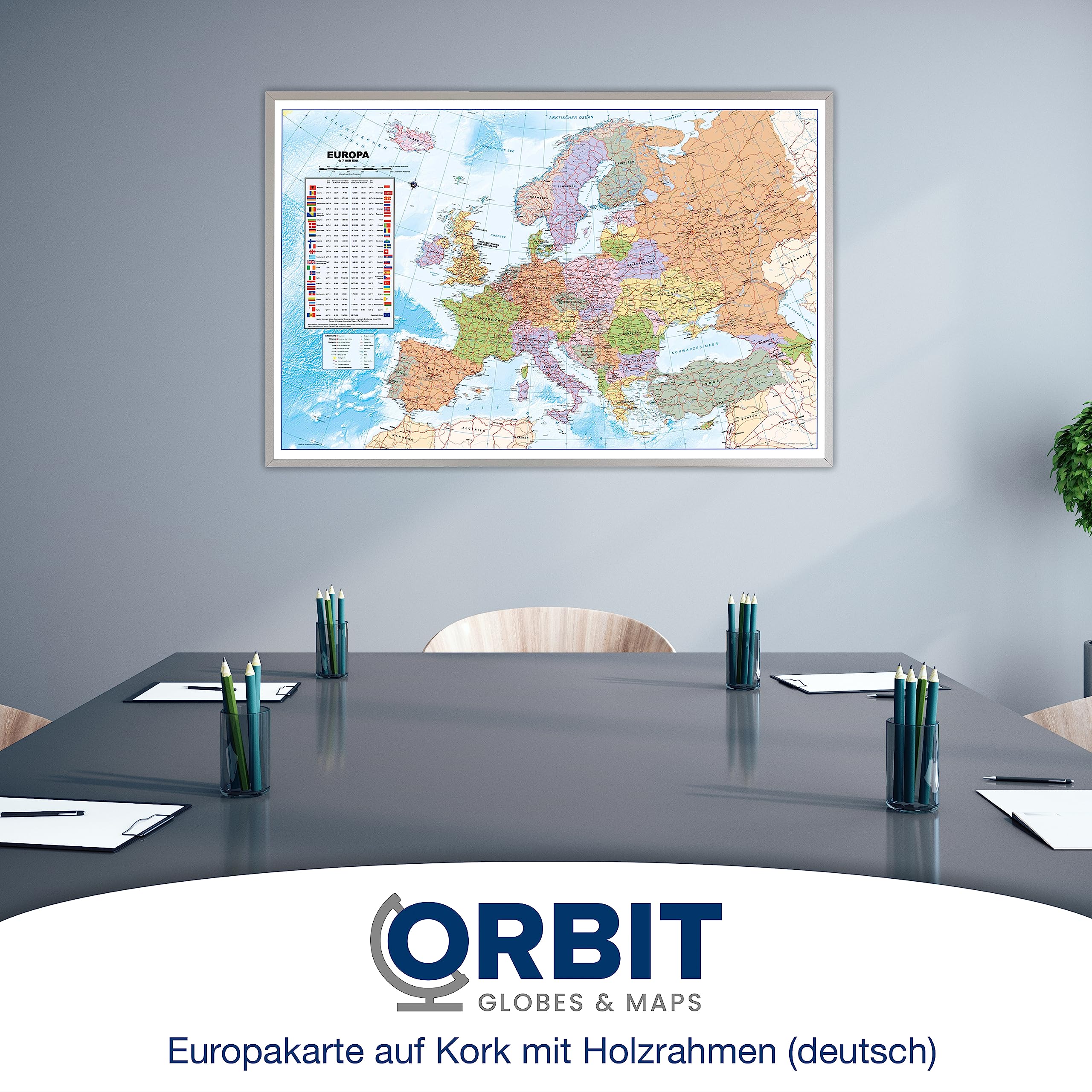 ORBIT GLOBES & MAPS - Politische Europakarte in deutsch, Pinnwand mit Holzrahmen, Aktuell 2025, 90x60 cm, deutsch, Maßstab 1:46 Mio mit Fähnchen und Pins sowie Befestigungsmaterial