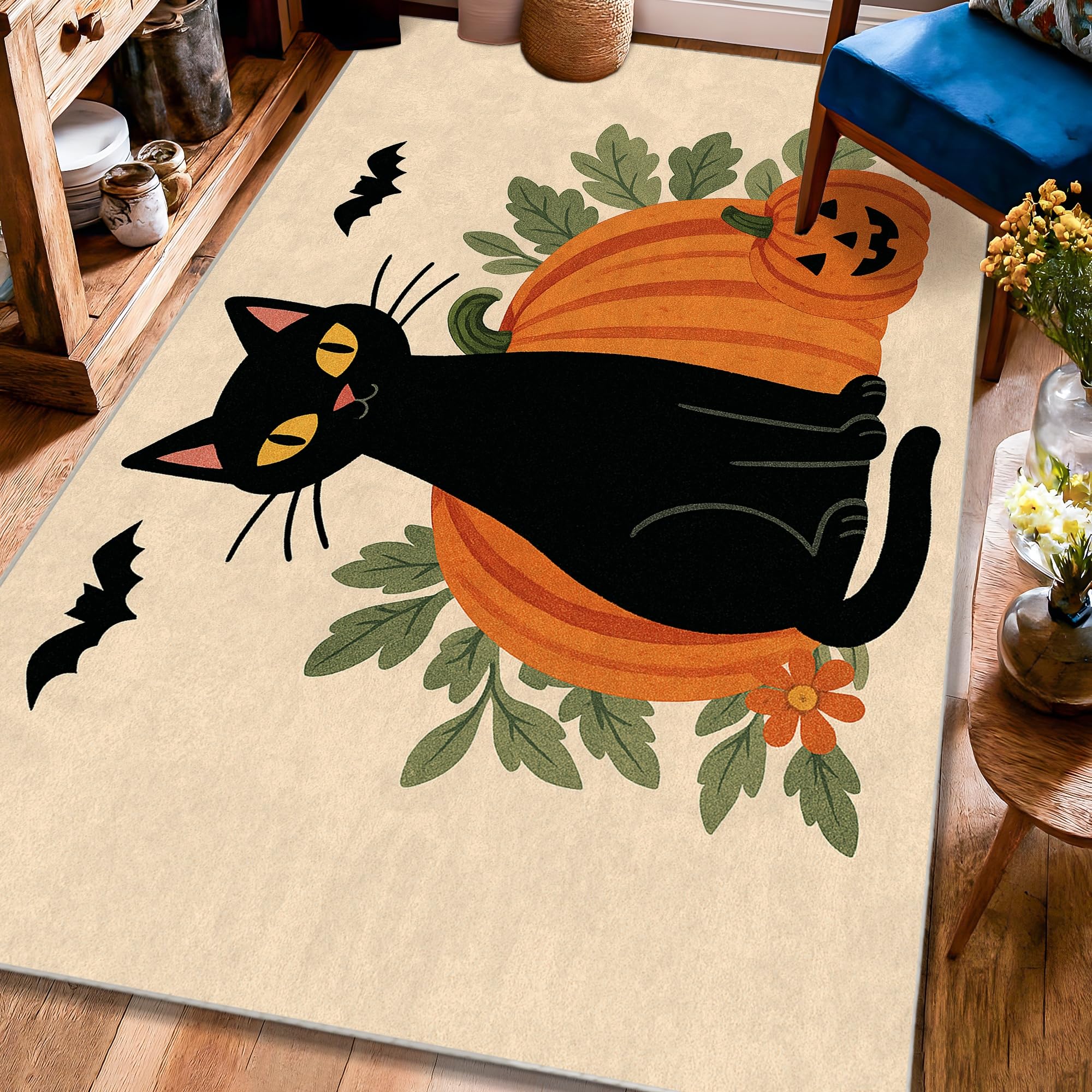 Tapis de sol rectangulaire Halloween chat et chauve-souris