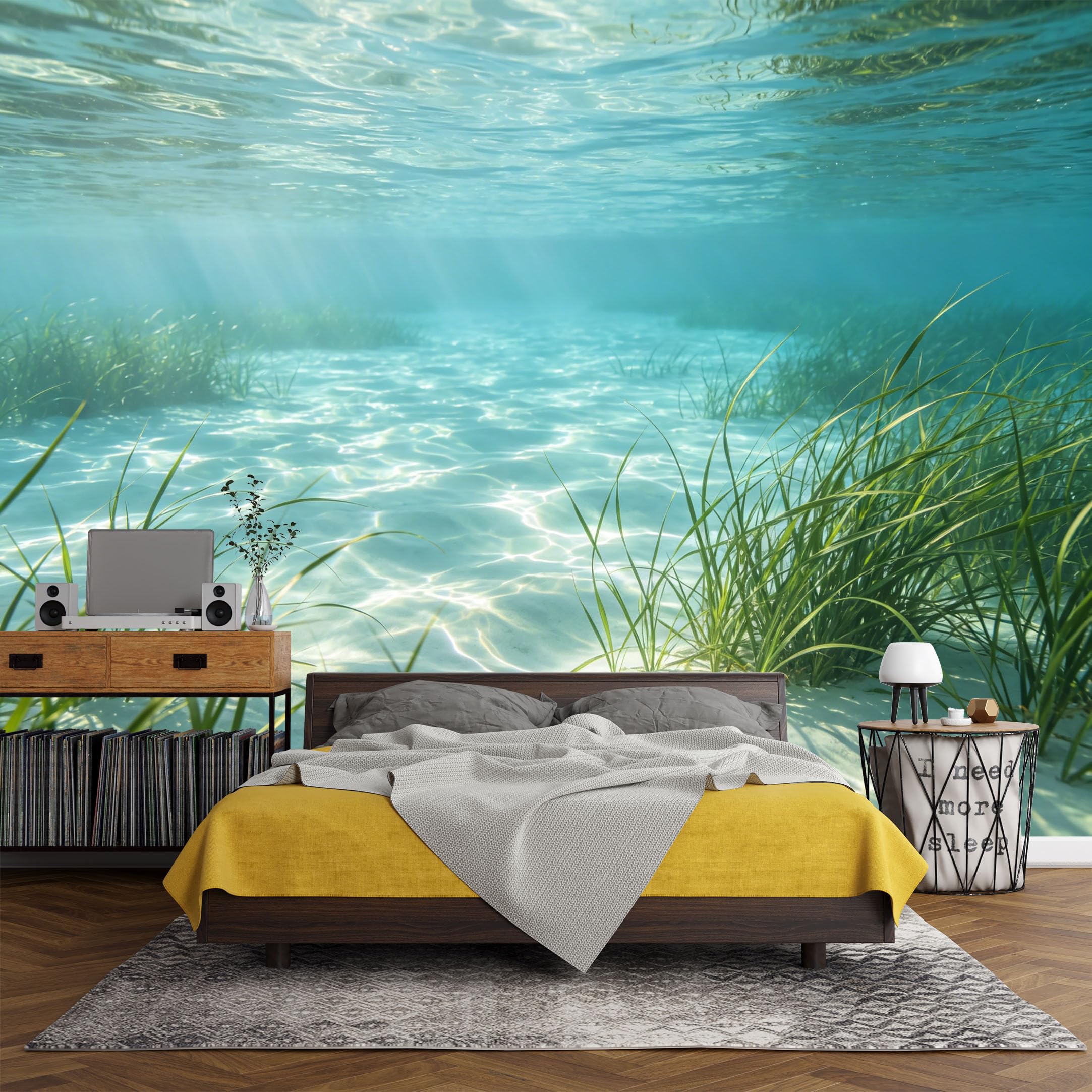 Custom Size Wall Mural， Ocean Seagrass Underwater Sunlight Coastal Scene，SelfAdhesive Art Prints wall Fabric (No PVC) Removable Wallpaper Living Room Decor