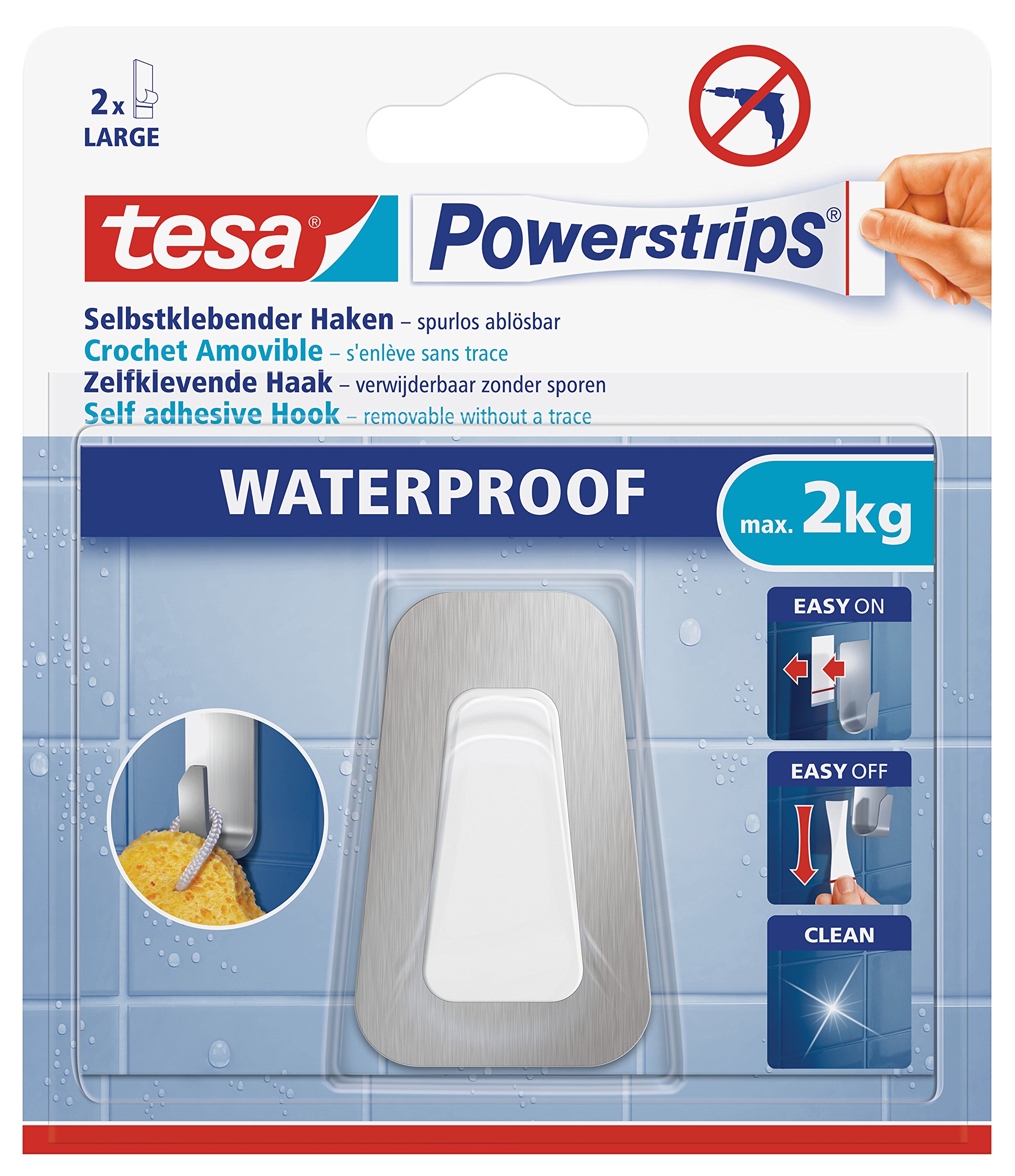 tesa Powerstrips Waterproof Hooks L Metal-Plastic, Acier/Blanc, Large