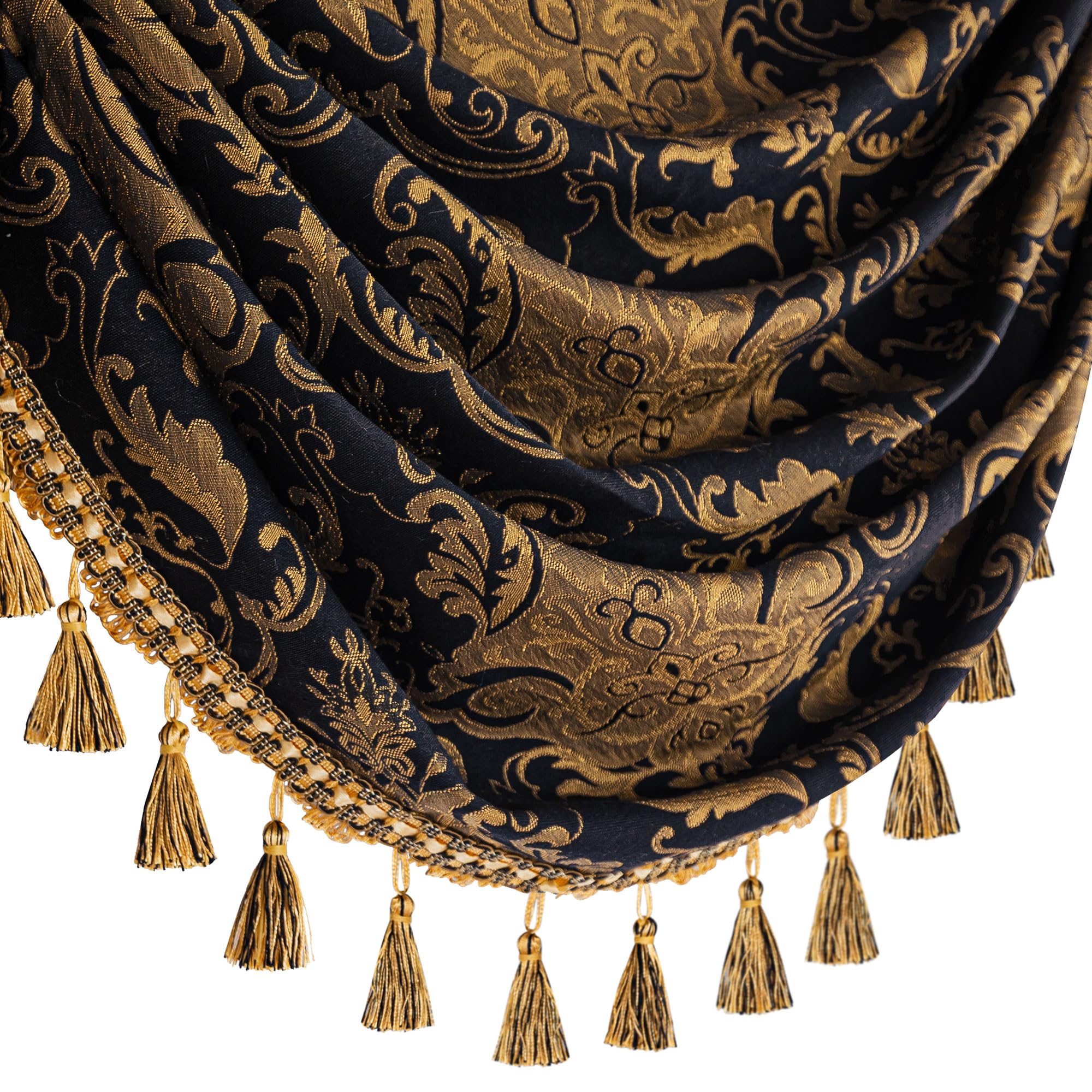 Cantonnière pour fenêtres, motif cascade damassée avec pompons, rideau court pour chambre à coucher, salon, cuisine, traitement de fenêtre avec passe-tringle (largeur 100 cm, noir)
