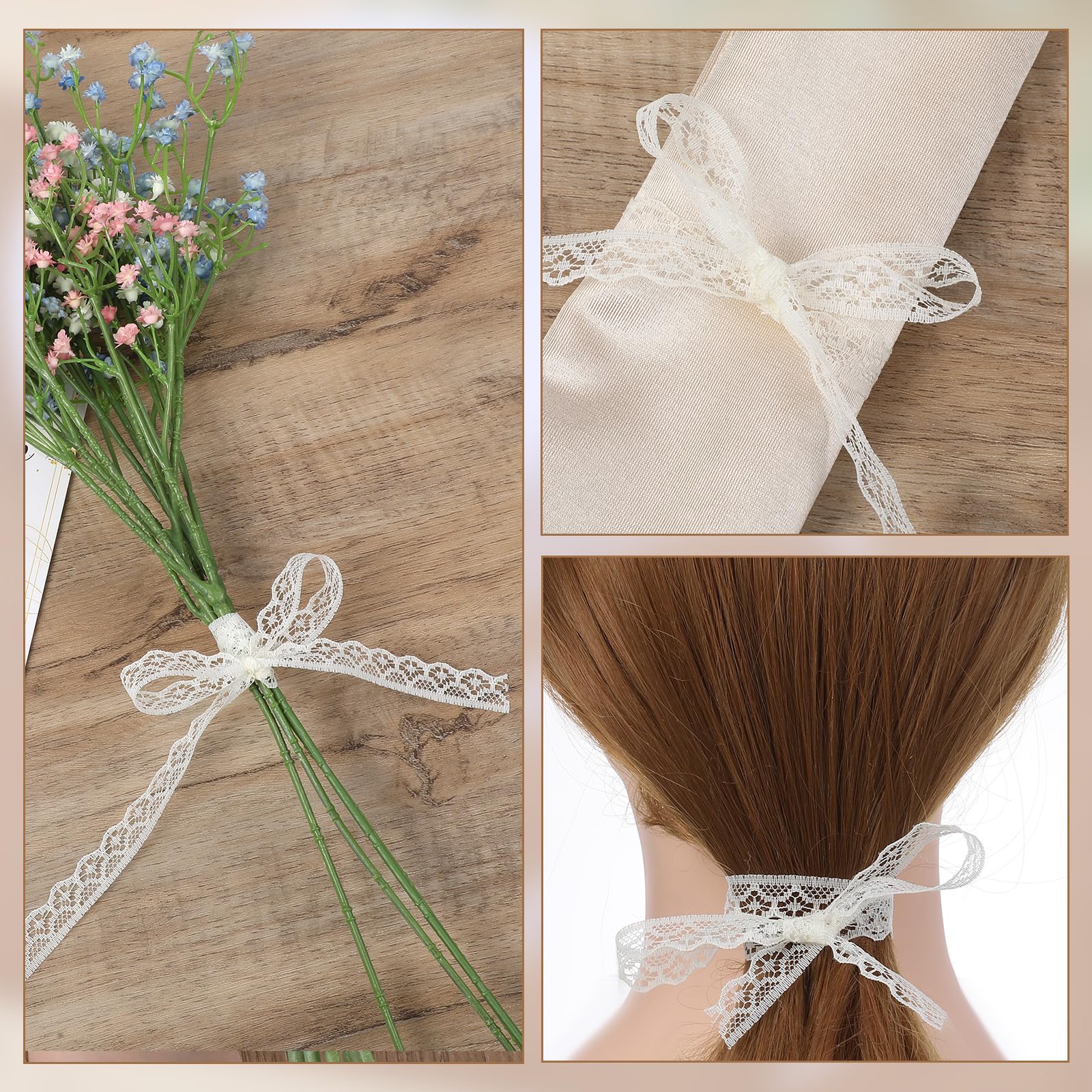 30 Yards Beige Lace Ribbon Roll 0.6 Inch Wide Sewing Lace Ribbon Flower Fabric Trim Sewing Crafts Lace for Wedding Decoration, Bouquet, and Gift Packaging