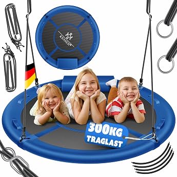 KESSER Nest Swing Plate Swing Hanging Swing Round Swing Diameter 120 cm Swing up to 300 kg Load Capacity with Cushion and 4 Handles Adjustable Children's Swing Indoor and Outdoor for Children and Adults Blue