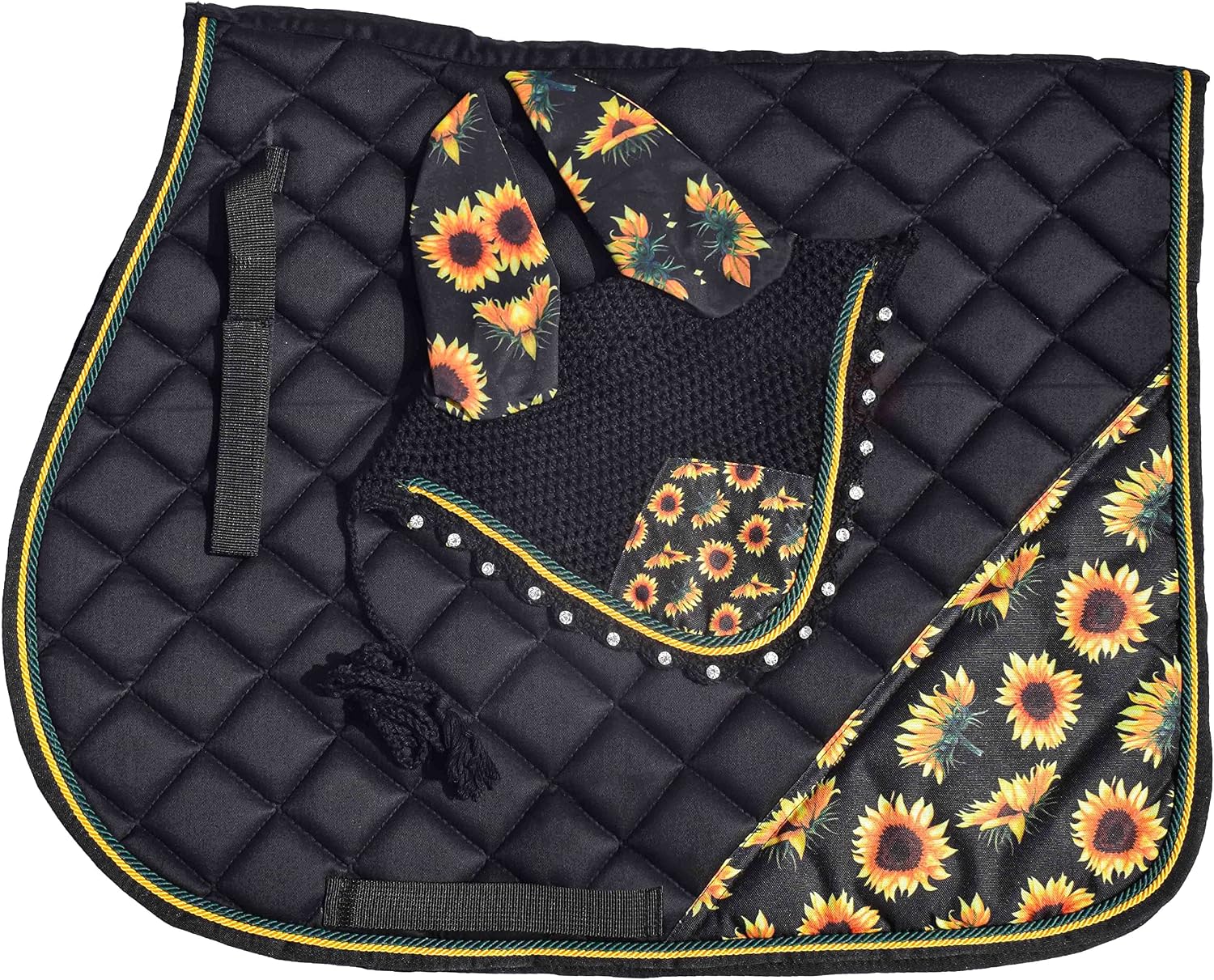 Sunflower All Purpose English Saddle Pad, Handmade Jumping Saddle Pad, Fly Bonnet Special, and This Saddle pad is Perfect for Those who Ride English and Want a Little Extra Sunflower-Themed Flair.