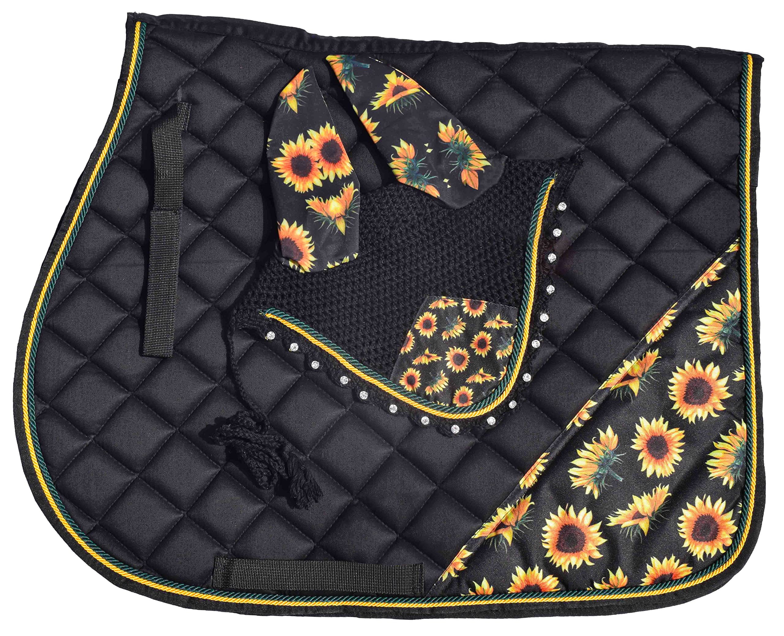 Sunflower All Purpose English Saddle Pad, Handmade Jumping Saddle Pad, Fly Bonnet Special, and This Saddle pad is Perfect for Those who Ride English and Want a Little Extra Sunflower-Themed Flair.