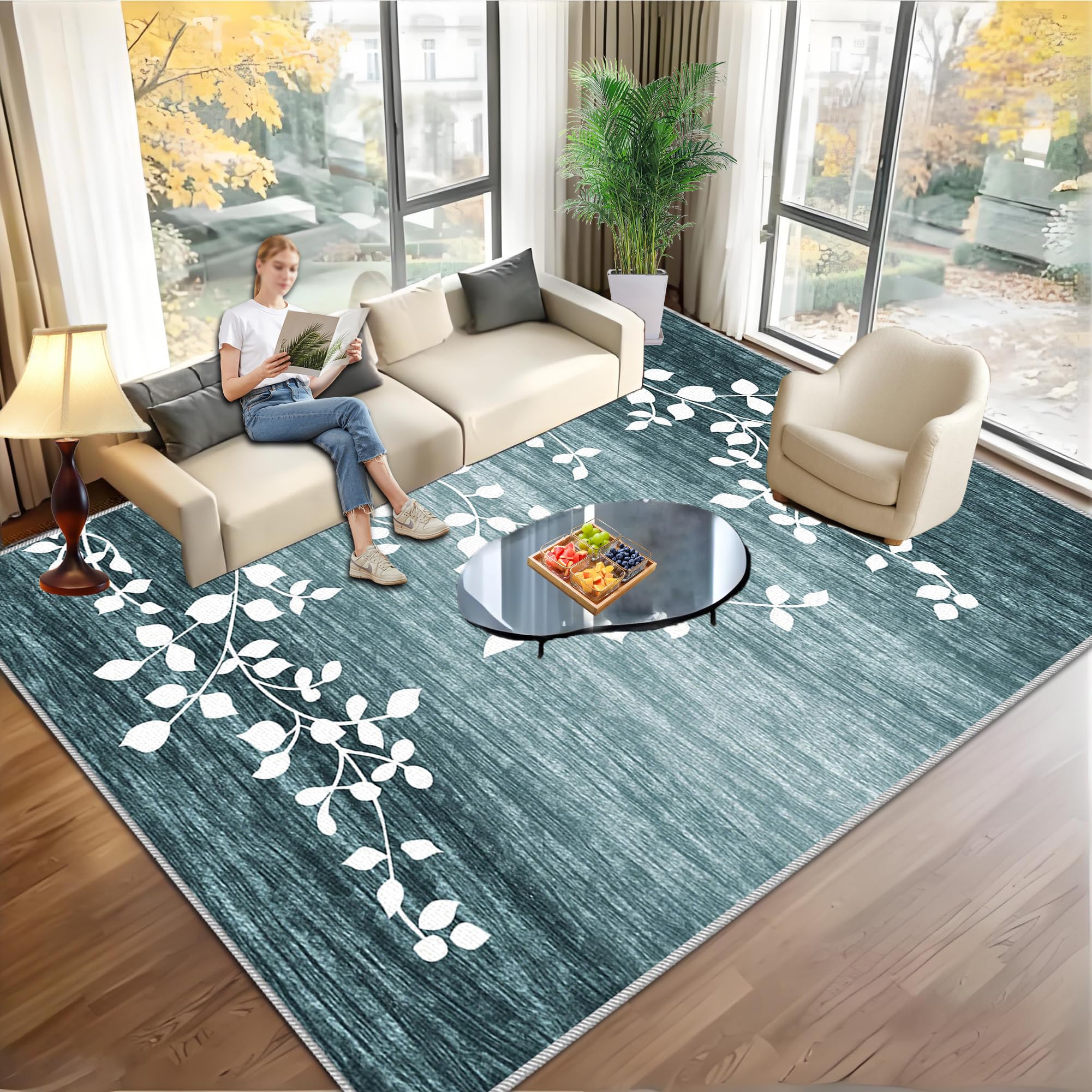 Tapis salon lavable en machine 130x140 antidérapant motif moderne