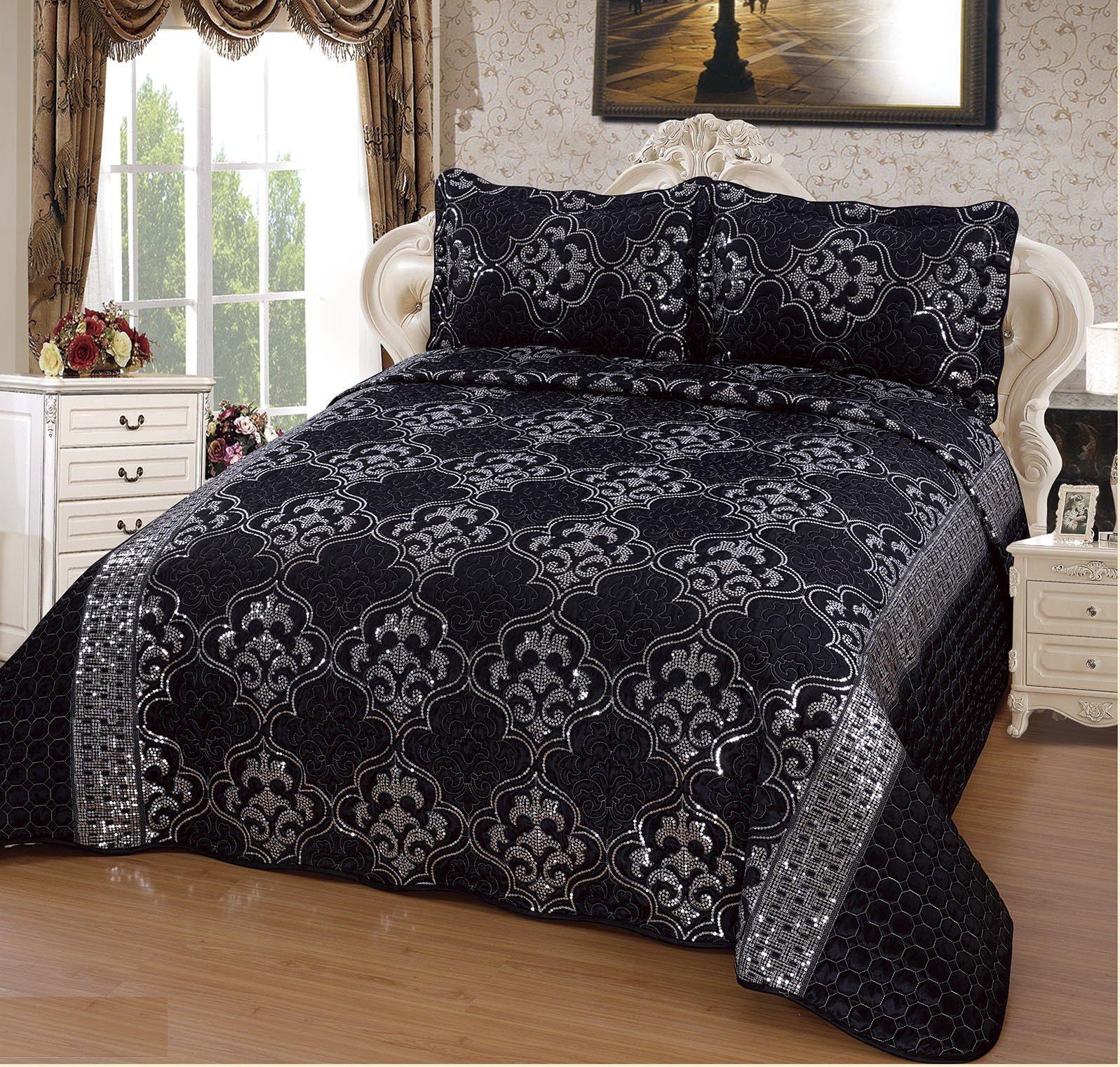 XXL Modern Black Double Bed Set Of 3 250x260 cm 3-Piece Bedspread with Pillow Cover Bedspread Patchwork Duvet Cover + Pillowcases and Cushion Cover Set
