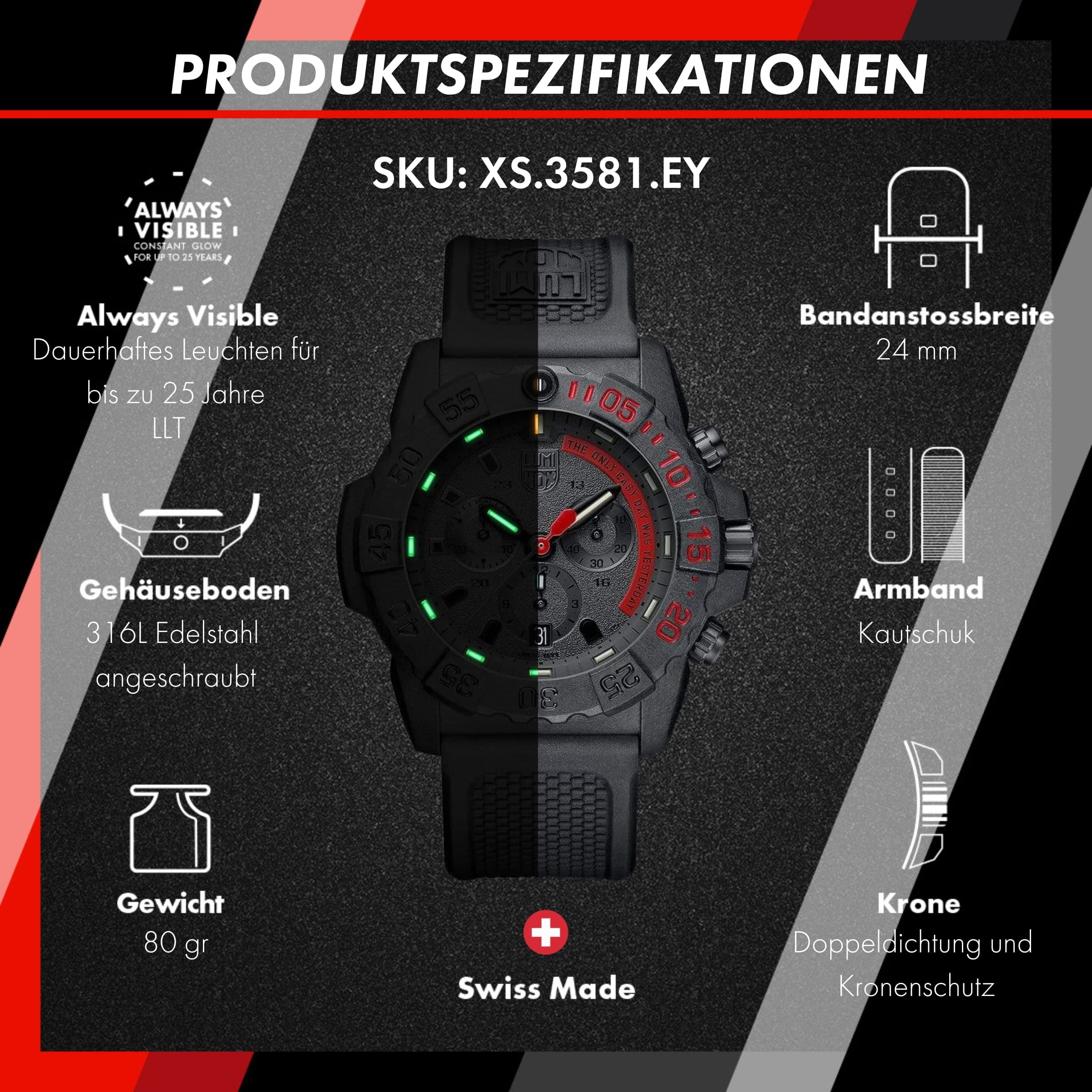 Luminox - Navy SEAL XS.3581.EY - Herrenuhr 45mm - Taucheruhr in Schwarz mit Datumsanzeige Chronograph - 200m Wasserdicht - Herren Uhr - Hergestellt in der Schweiz