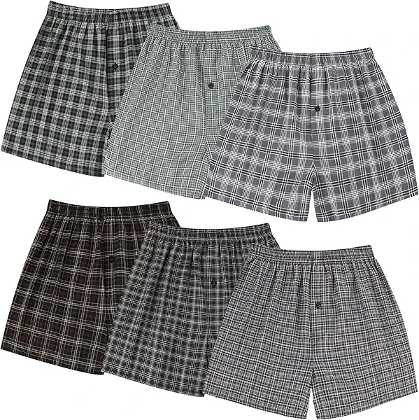 BAMBOO COOL Men's Woven Boxer Shorts,Classic Relaxed Fit,Lightweight Plaid Boxers underwear,6 Pack