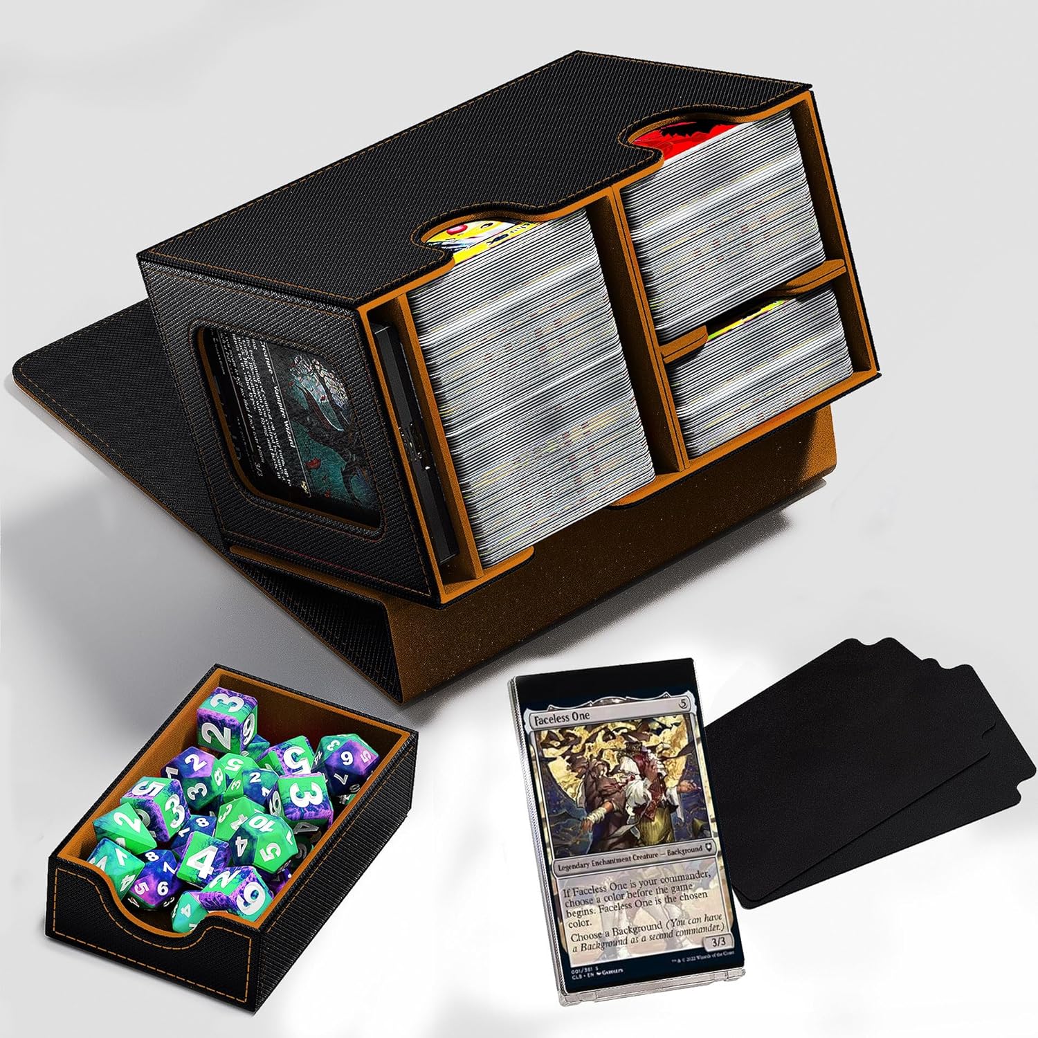 Commander Deck Showcase Box with Dice Tray, Holds up to 280+ Cards Trading Card Storage Box Fits TCG MTG YuGiOh - Patented Design, Packed with 2 Dividers & 35PT Card Brick (Black/Golden)