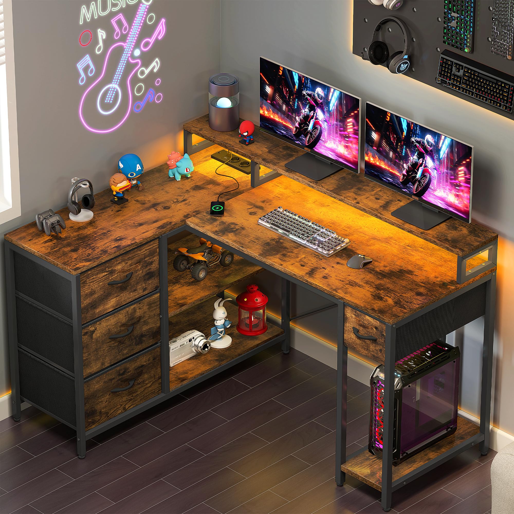 YITAHOME L Form Schreibtisch mit USB Ladeanschluss und Steckdose,Reversible Eckschreibtisch mit 4 Schubladen und Regal,Gaming Schreibtische mit Monitorständer,140x100 cm Computertisch für Büro,braun