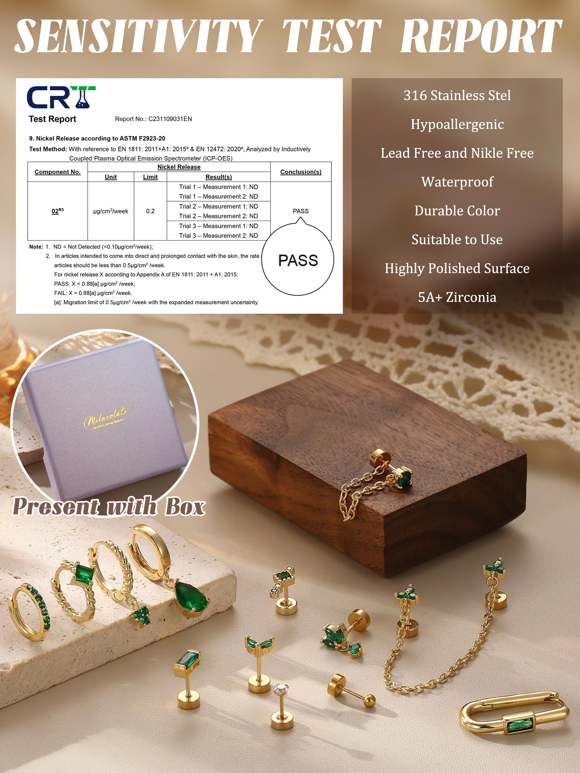 13 szt. Zestaw złotych kolczyków do wielu kolczyków dla kobiet Płaski tył Pozłacane 14K srebrnym chrząstki Helix Mały wkręt Hoop Huggie Zielone kolczyki CZ ze stali nierdzewnej