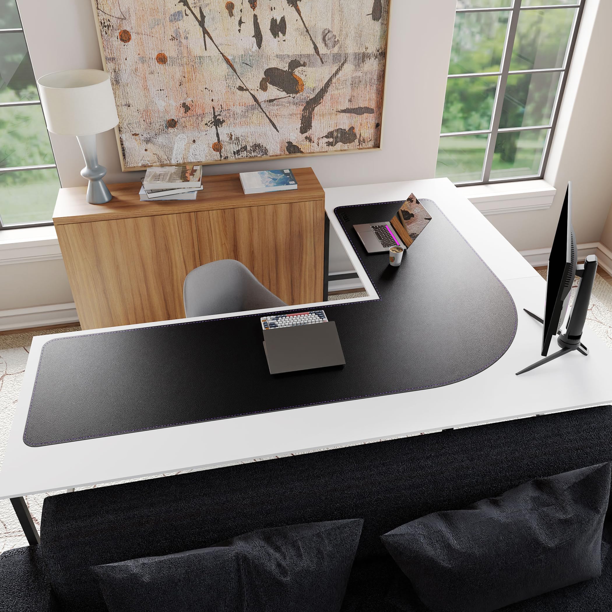 Vyaaa (150+200) x 60cm Tappetino da scrivania in pelle a forma di L (nero), tappetino da scrivania in pelle PU reversibile, tappetino per mouse extra large, adatto per uso domestico o in ufficio