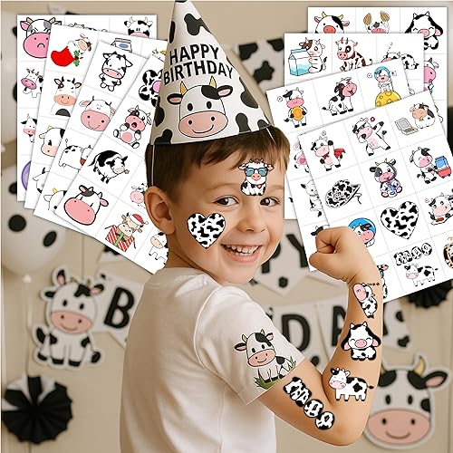 Miniatura 2 de 96 tatuajes temporales precortados de vaca para niños, suministros para fiestas de cumpleaños de animales de granja, decoraciones y recuerdos,