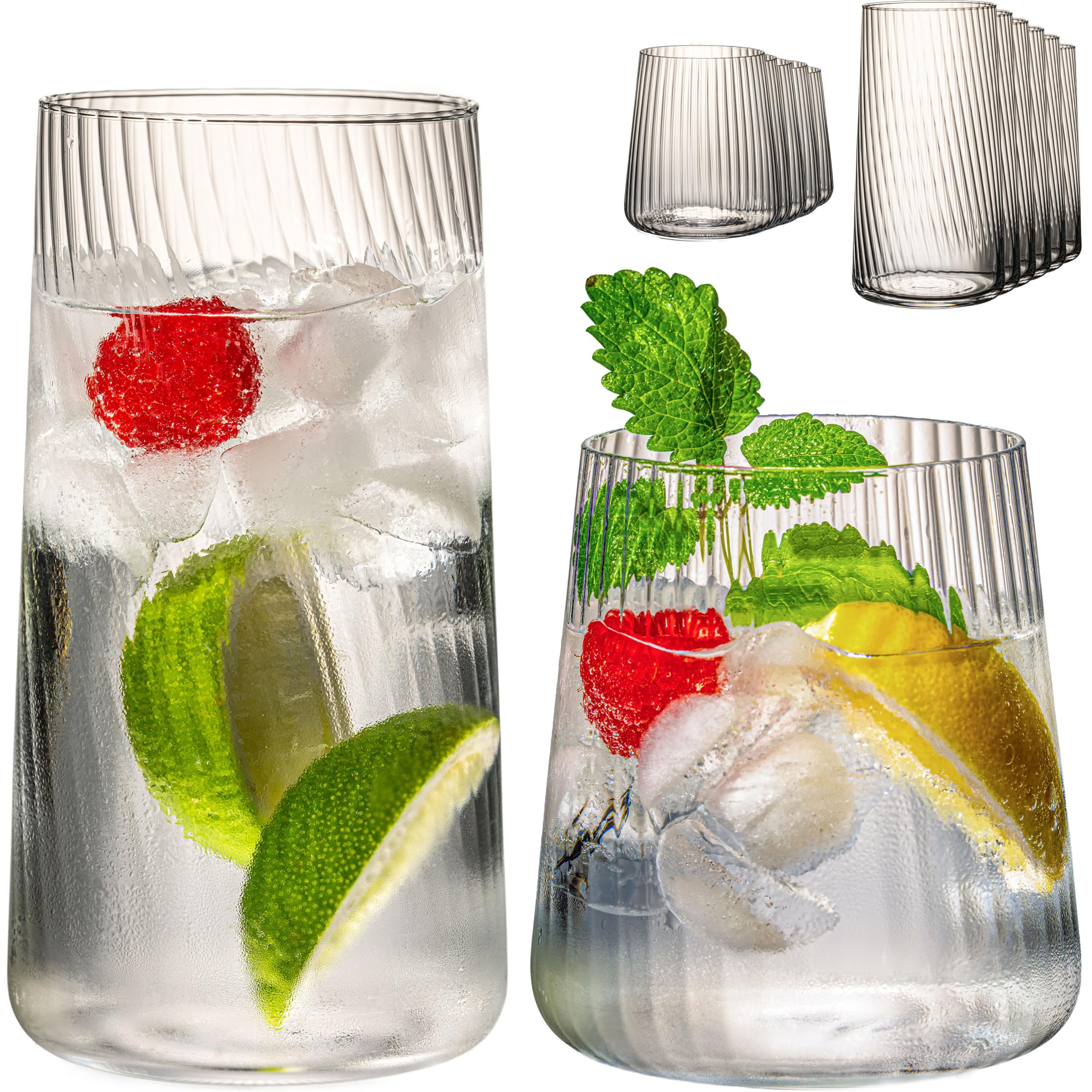 IMPERIAL Geriffelte Trinkgläser – 12-teilig Set 550ml & 450ml, Spülmaschinenfest, konische Form | Londontypischer Wasser
