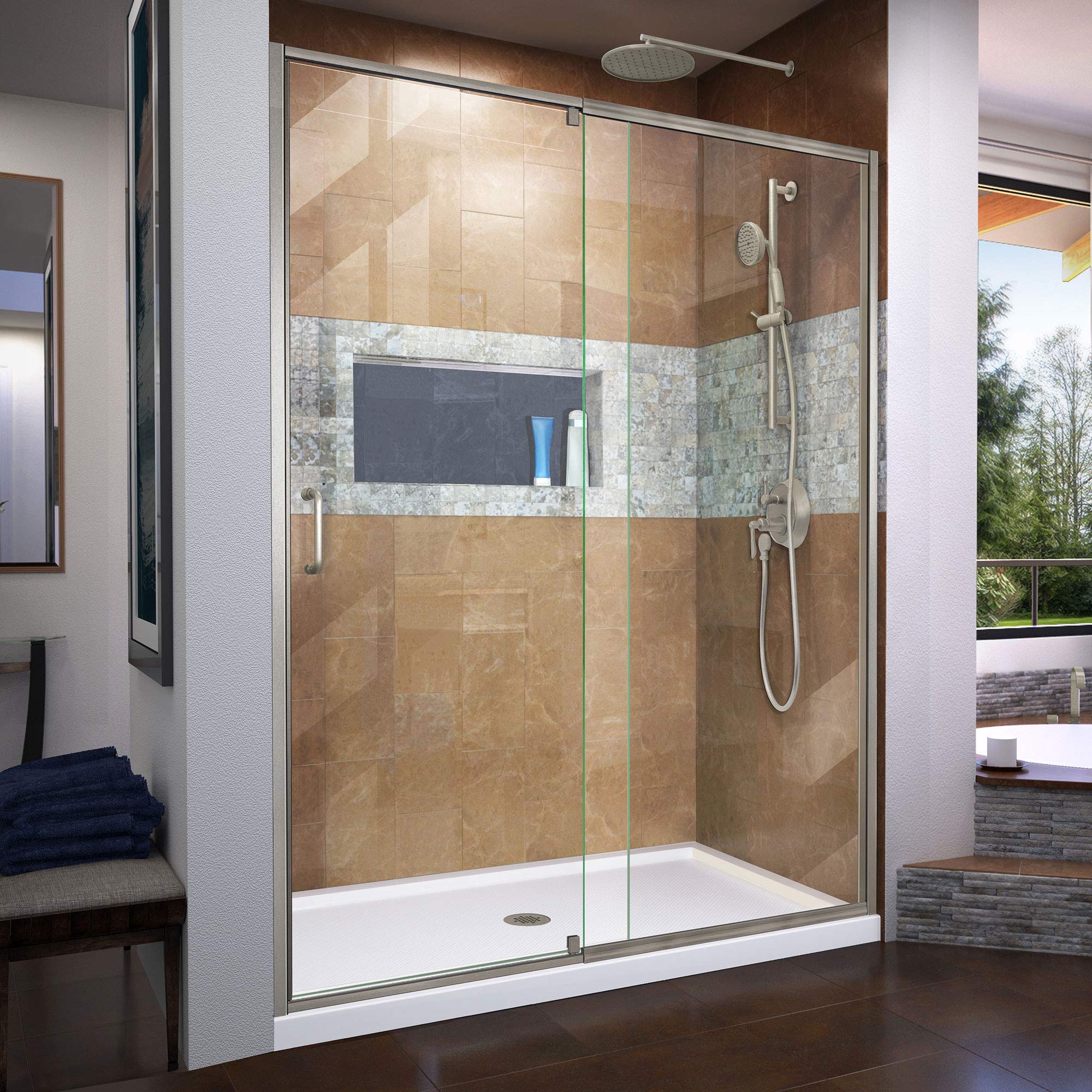 DreamLine Flex 36 in. D x 60 in. W x 74 3/4 in. H Semi-Frameless Shower Door in Brushed Nickel with Center Drain White Base Kit, DL-6225C-04