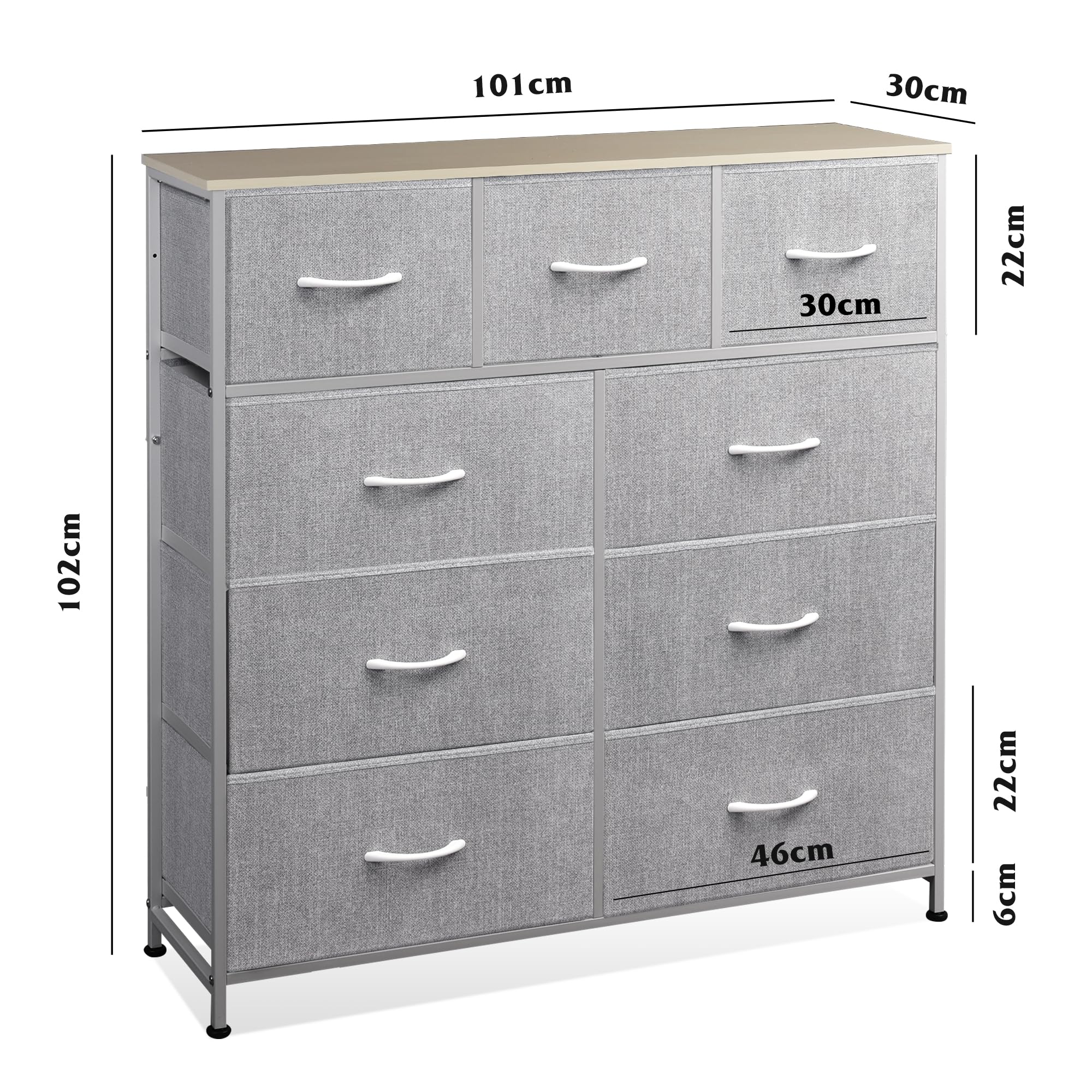 WLIVE Commode Tiroirs, Tour Rangement Tissu pour Chambre, Couloir, Entrée, Placard, Unité Haute Bacs Tissu, Cadre Acier, Plateau Bois (Gris Clair, 9 Tiroirs)