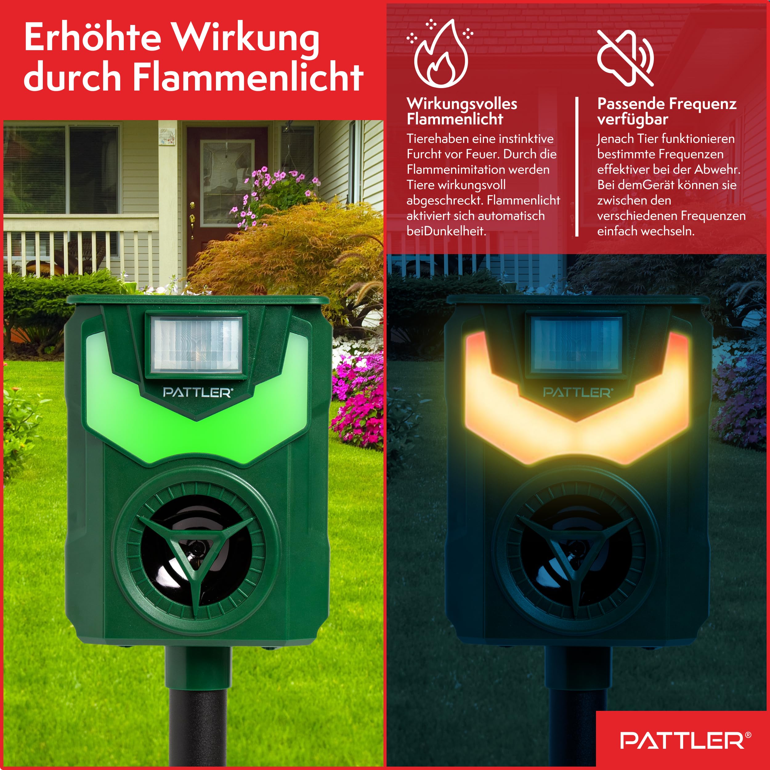 PATTLER® Tiervertreiber Ultraschall Solar 2er Set – Katzenschreck & Marderschreck mit PIR Bewegungssensor 10m – Flammenlicht & LED-Blinklicht – Geräuschfrei Ultraschall Tierabwehr für Garten & Outdoor