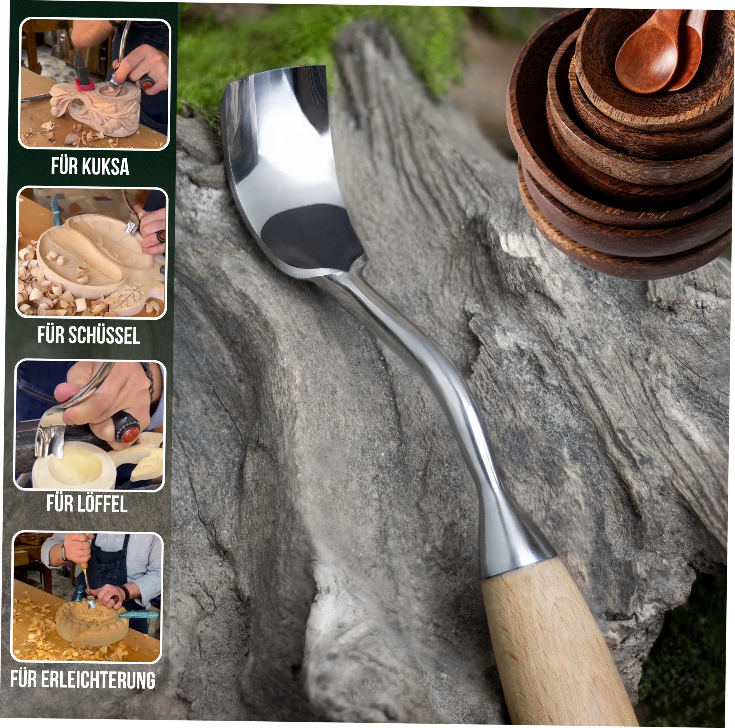 STRYI Profi Großer gebogener Hohleisen – 30 mm – Handgeschmiedetes Werkzeug für tiefe Holzschnitzerei – Ideal für Kuksa, Löffel, Schalen – Eichenholzgriff