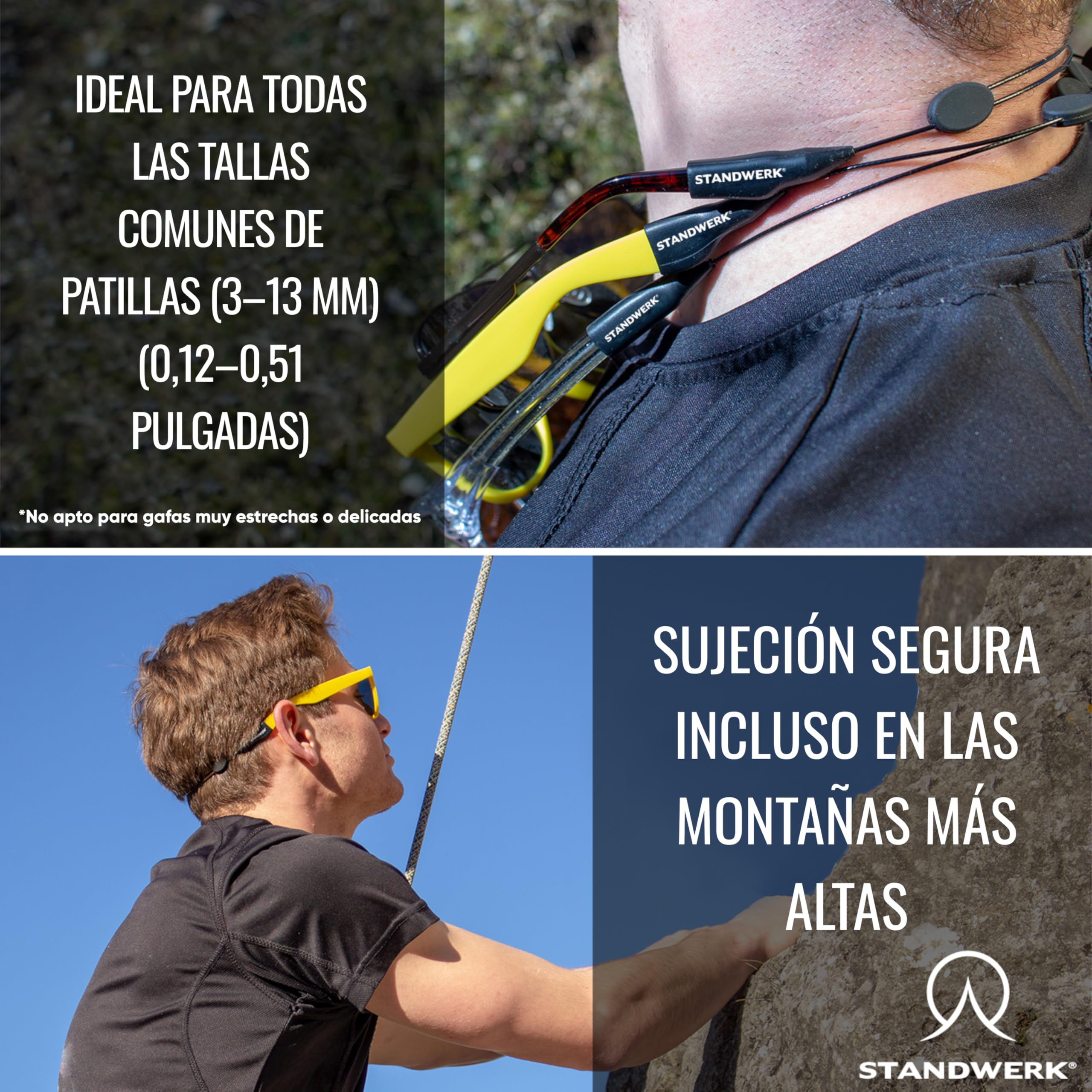 STANDWERK® Correa para gafas – Correa de gafas deportiva extremadamente fiable para mujeres, niños, hombres – Soporte de gafas adecuado para deportes y ocio – Resistente al agua, flexible