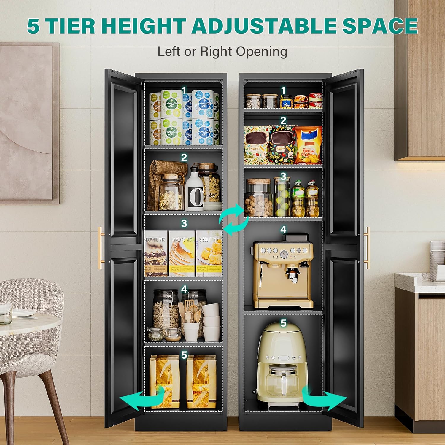 SISESOL 71" Tall Narrow Storage Cabinet with 1 Door and 5 Shelves,Slim Kitchen Pantry Cabinet,Black Metal Bathroom Cabinets,Large Cupboard for Home,Kitchen,Laundry,Bathroom