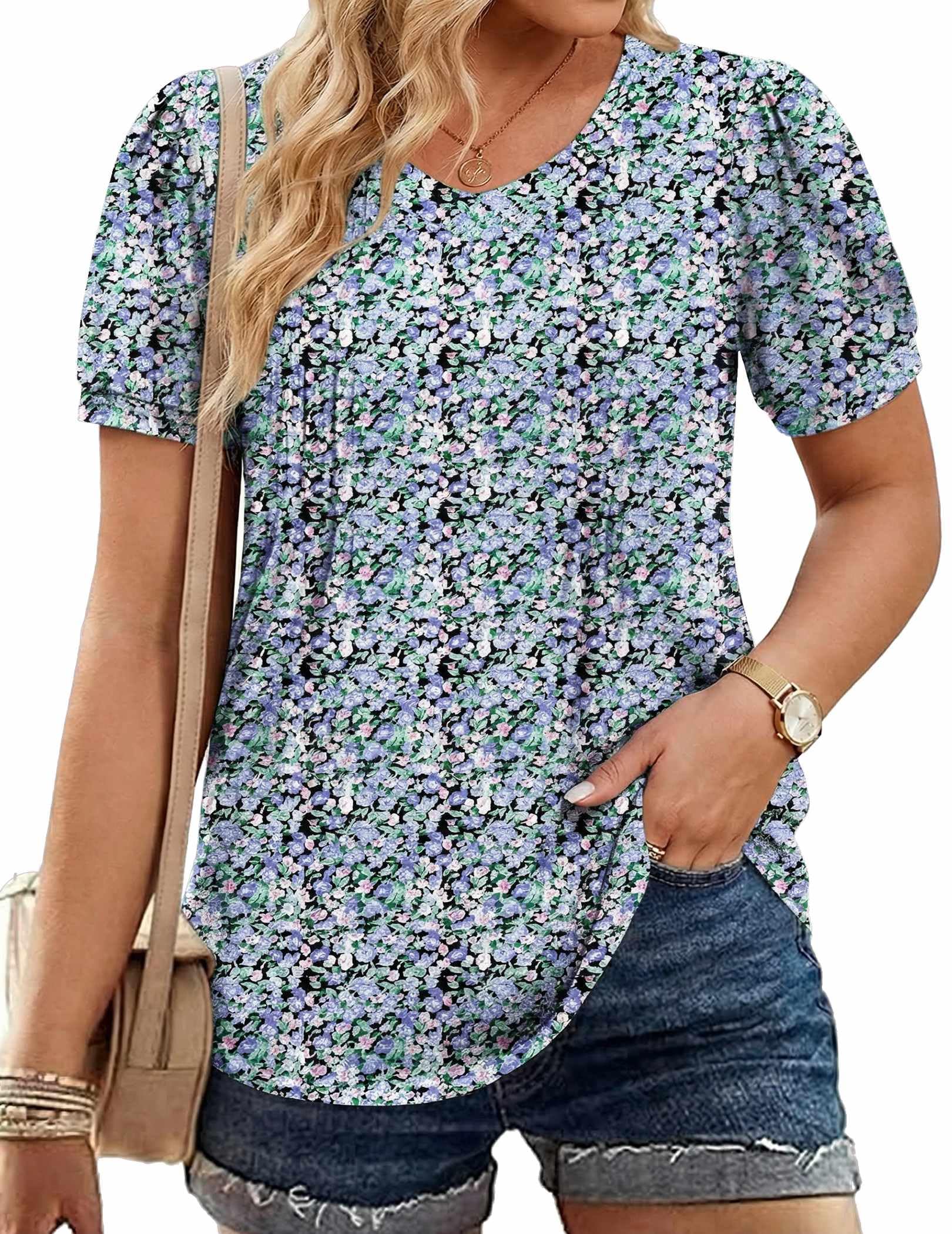 IN'VOLAND Plus Size Tops for Women Summer Puff Short Sleeve Tunic Pleated V Neck Shirts Casual Floral Solid Blouse