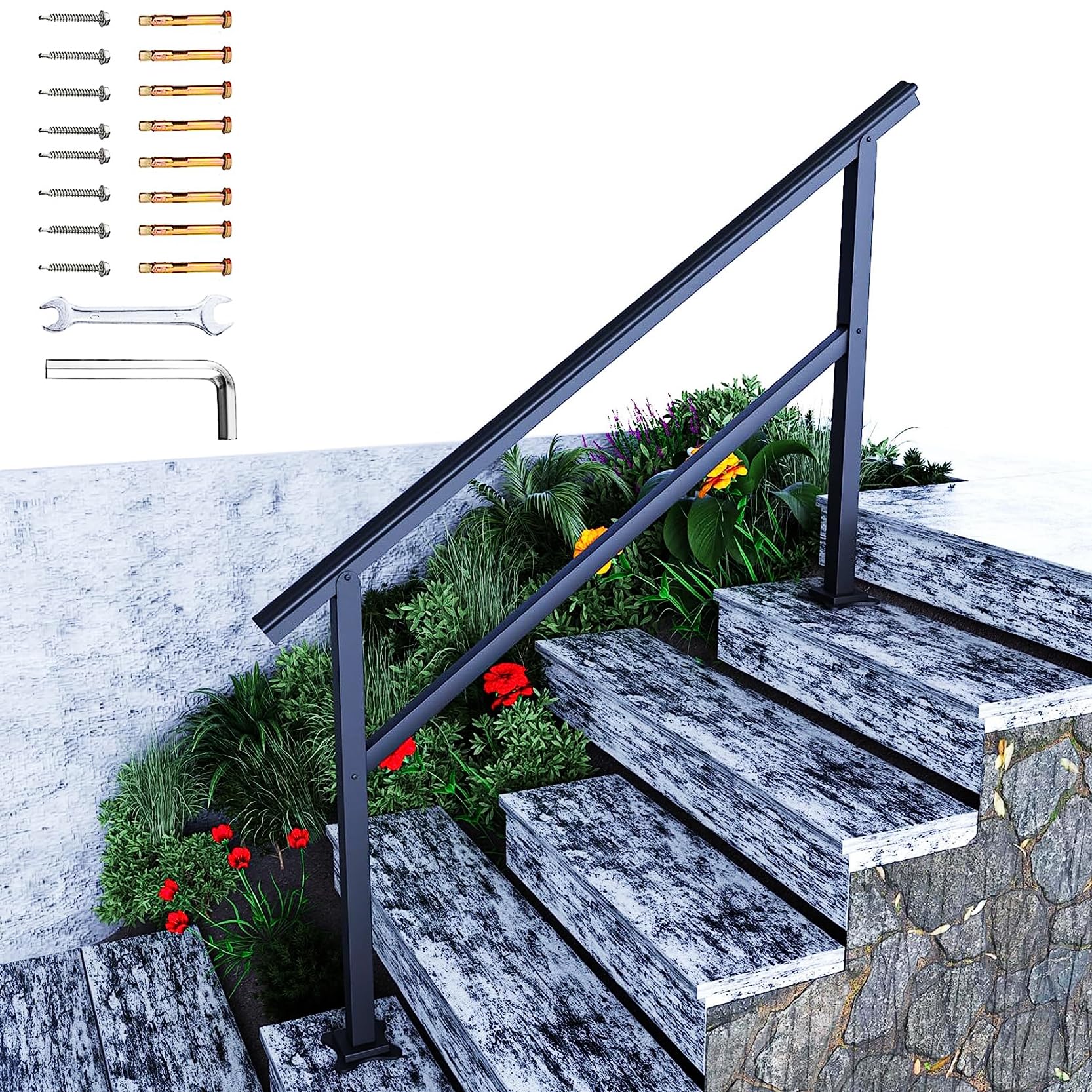 Rambarde escalier extérieur anti-chute en fer forgé noir pour marches glissantes