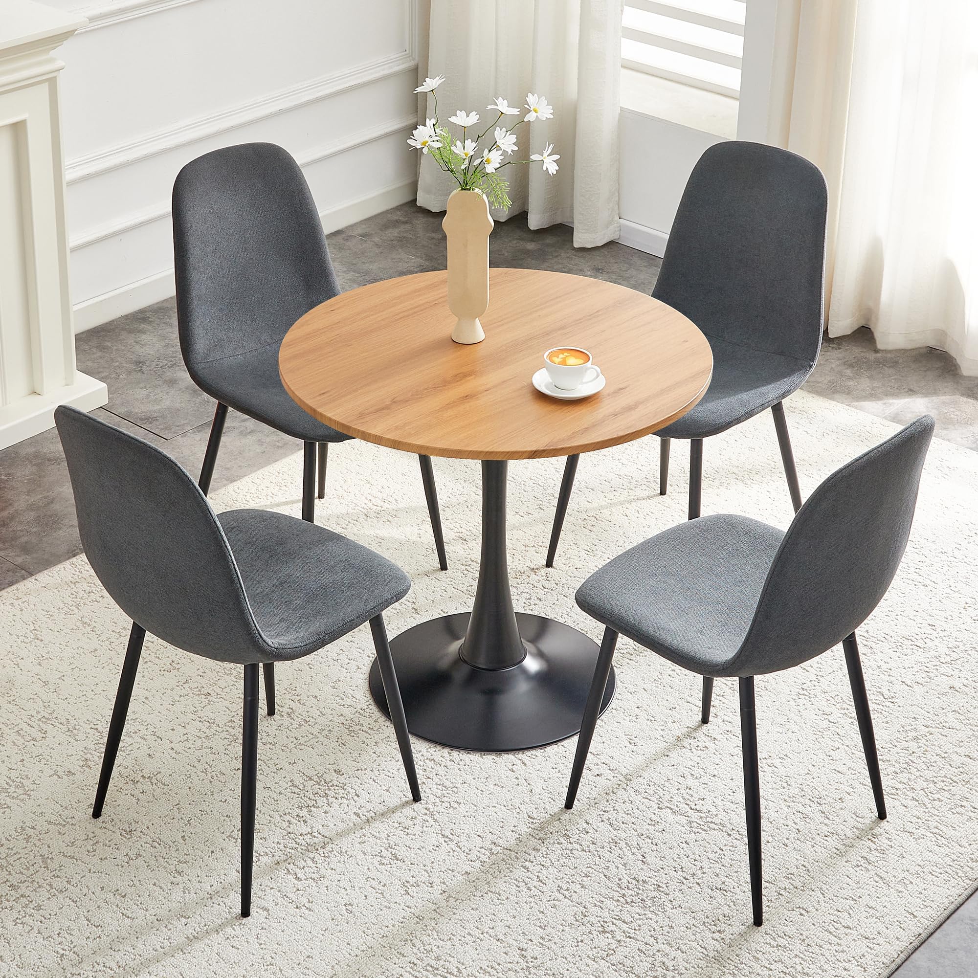 31.5" Round Dining Table Set for 4, Small Kitchen Table and 4 Upholstered Chairs, Mid Century Modern Dinette Set for Apartment, Breakfast Nook, Dining Room, Cafe Bistro