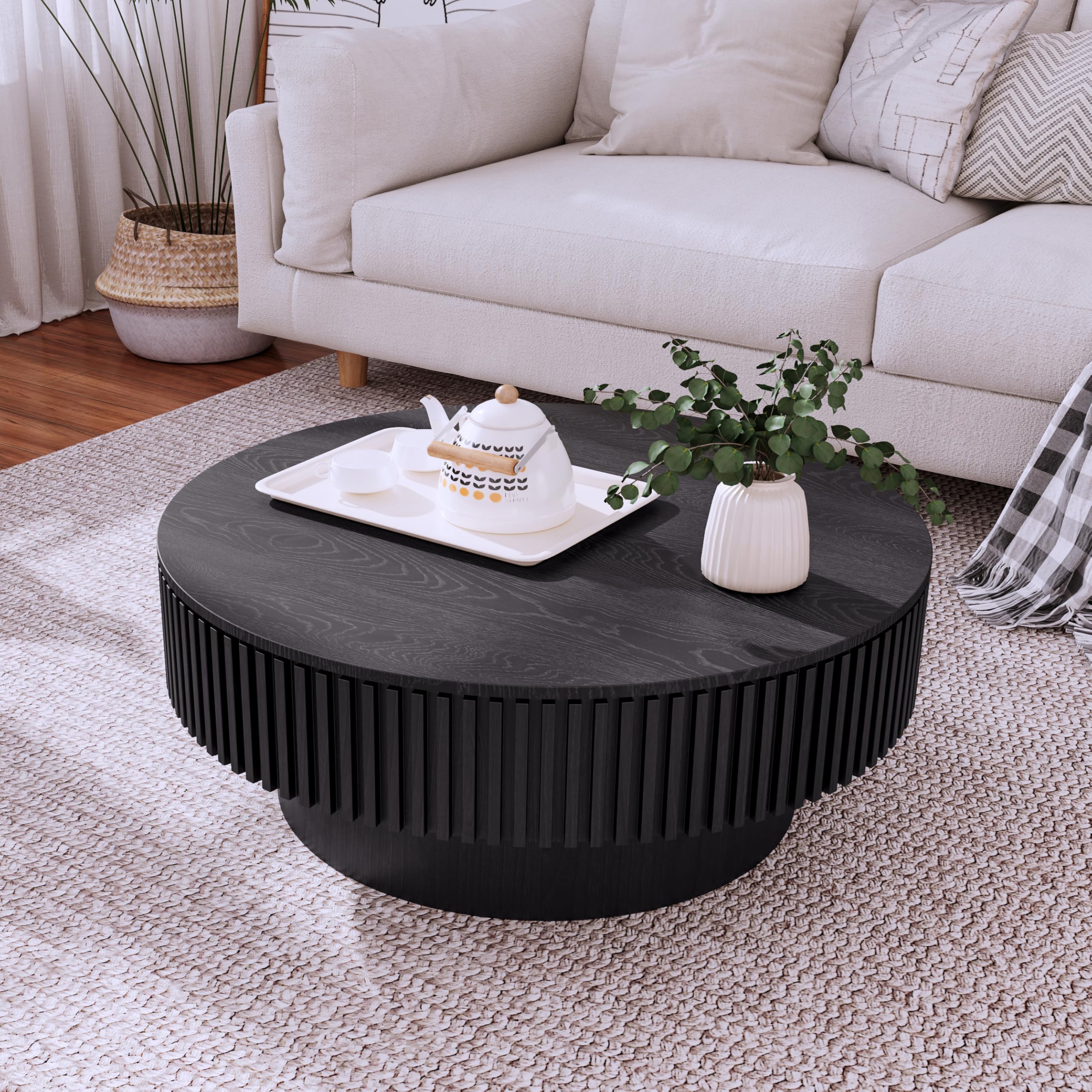 LUMISOL 31.5" Round Coffee Table, Wood Drum Coffee Table with Hidden Storage, Fluted Center Table for Living Room, Office, Apartment, Black