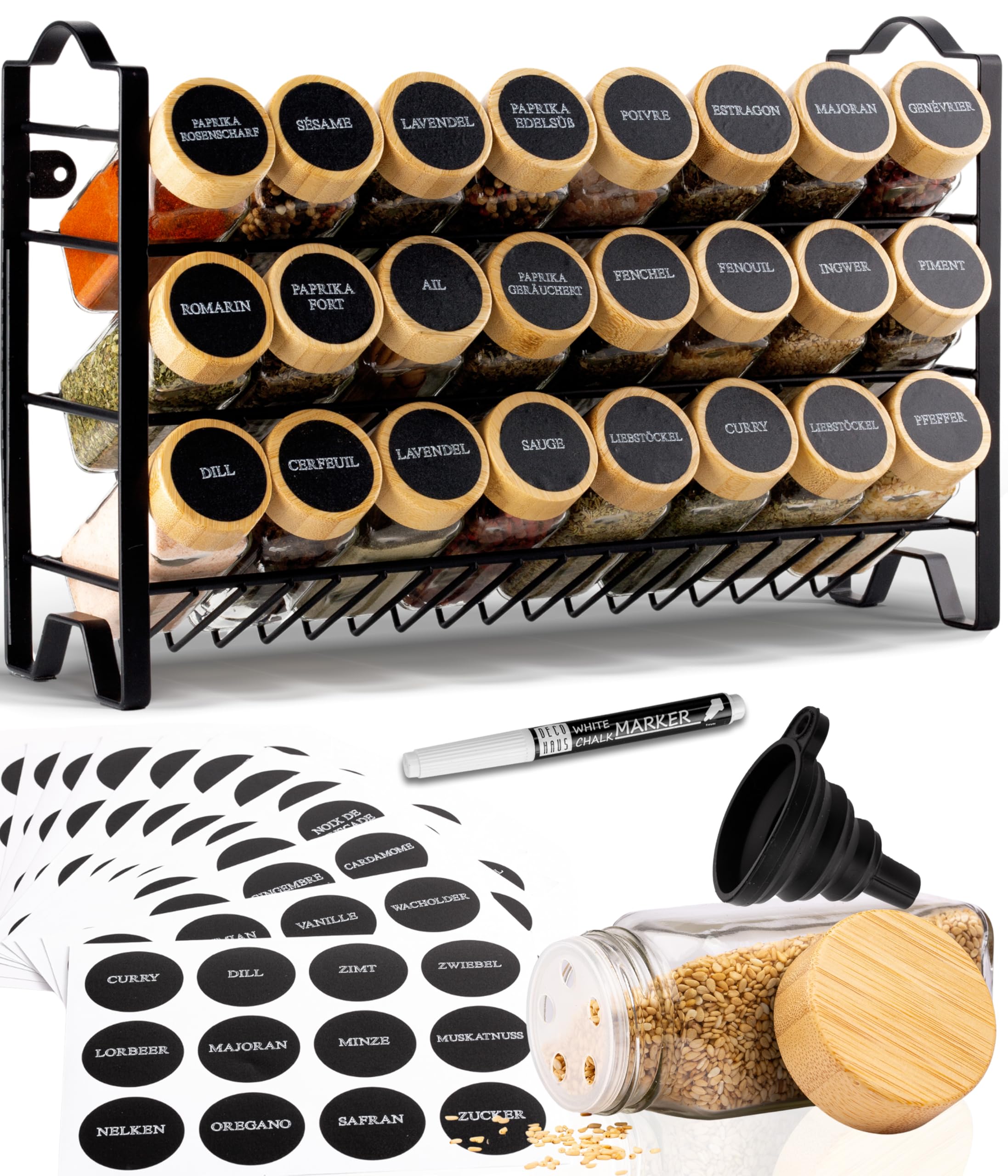 Deco haus® Especieros para Cocina - 24 Botes Especias, Organizador Especias de Condimentos de Metal 3 Niveles - Especiero 24 Tarros de Especias, 48 Etiquetas - Diseño Independiente o para Montar Negro