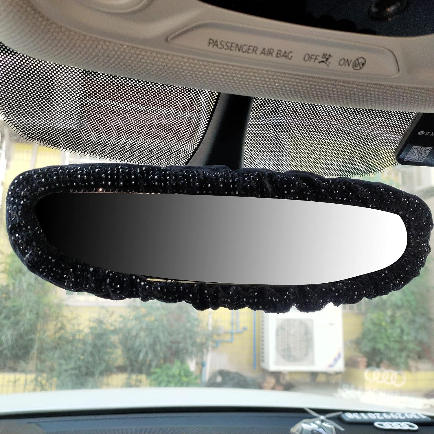 Car Accessories for Women Interior Cute Glitter Black Rearview Mirror Charm Decor Sparkly Crystal Rhinestone Elastic Plush Decorative Cover (black)