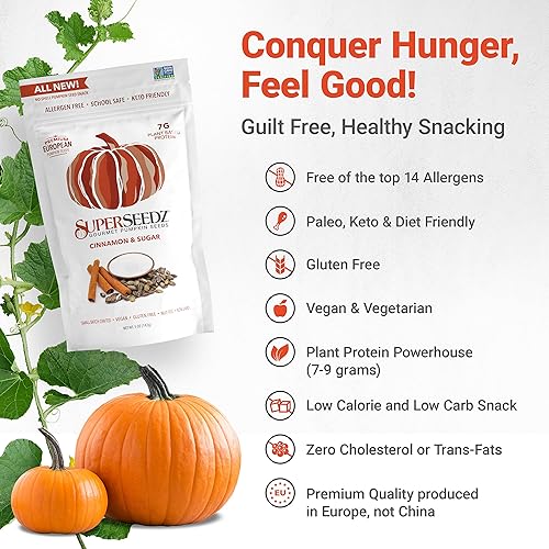Miniatura 4 de SuperSeedz Pepitas de calabaza tostadas al horno - Canela y azúcar, veganas, Whole 30, paleo, bocadillos saludables, 8g de proteína vegetal