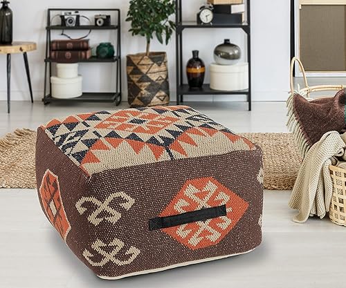 Miniatura 129 de L.R. Resources Inc LR Home Puf otomano de transición de poliéster gris/marfil para decoración del hogar | Reposapiés hecho a mano para decoración de