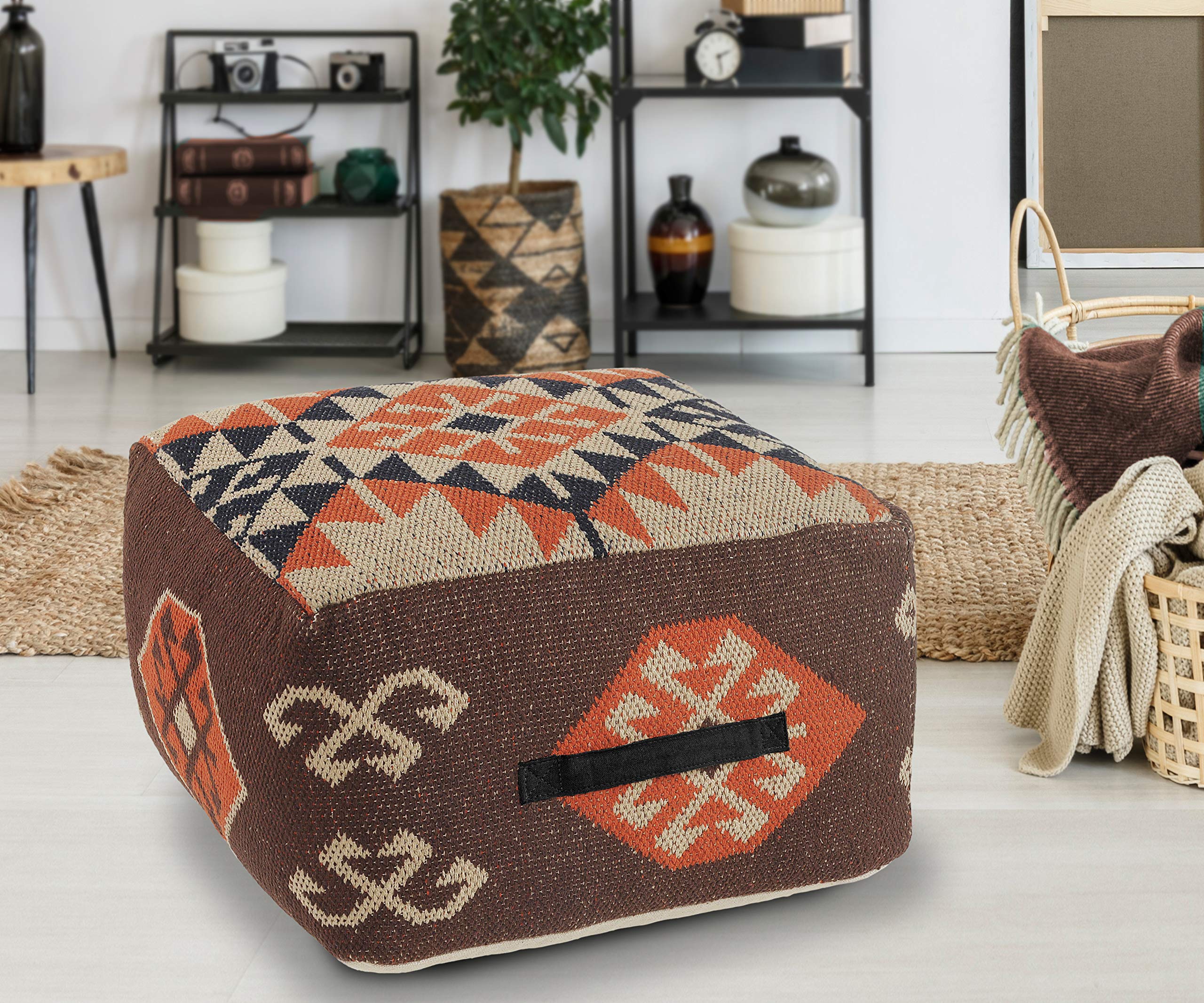 L. R. Resources, Inc. LR Home Handmade Bohemian Brown/Orange Cotton Square Pouf Ottoman for Home Decor | Indoor Foot Rest for Bedroom & Living Room Decor | 18 x 18 x 12 Stuffed Ottoman for Seating