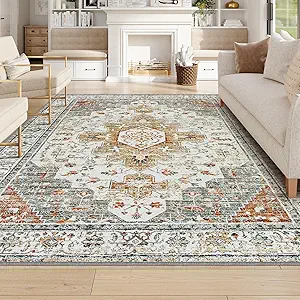 Moynesa Ultra-Thin Washable Area Rug 8x10, Large Living Room Rugs for Bedroom Under Dining Room Table, Vintage Oriental Medallion Printed Low Pile Carpet for Home Office Decor, Beige/Gold