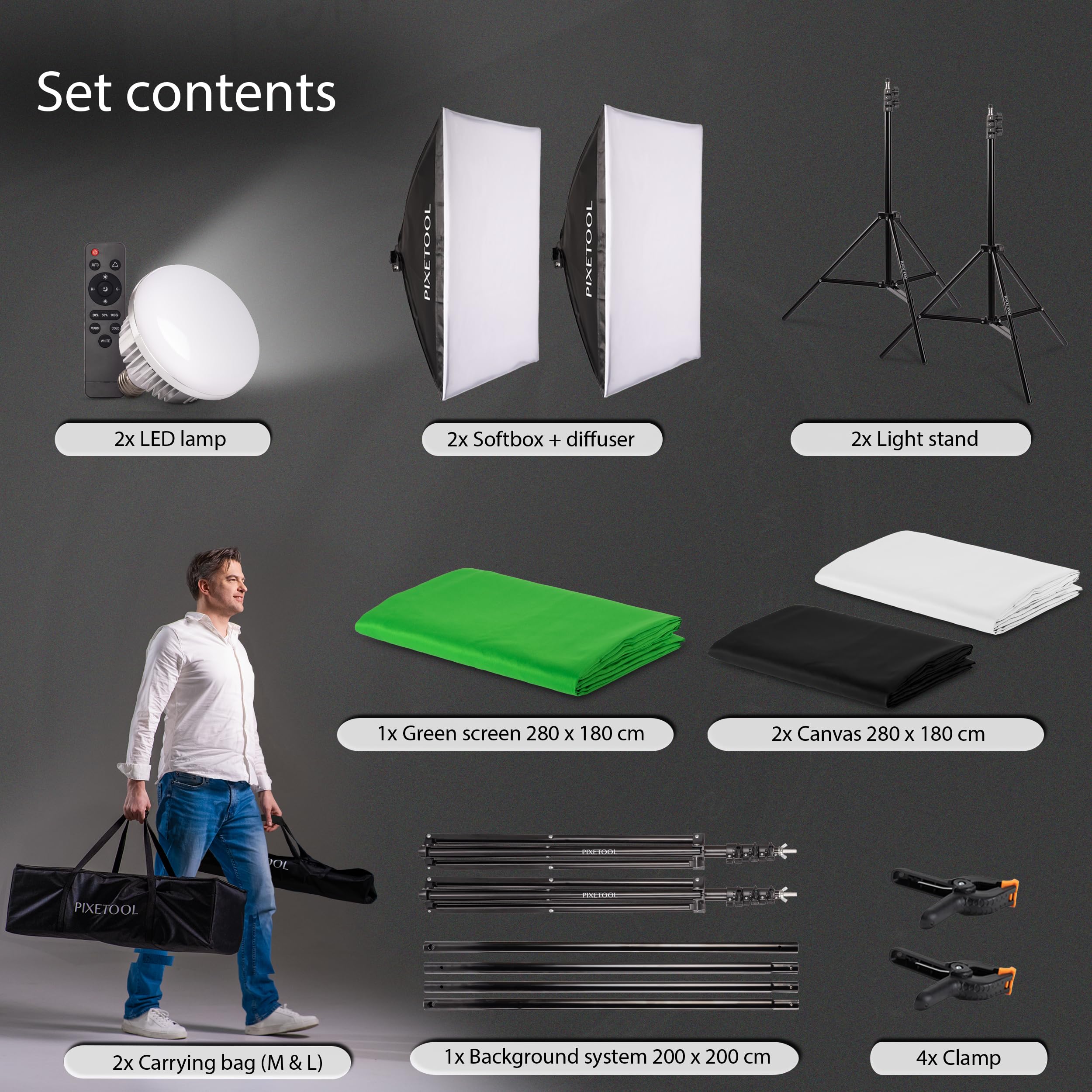 Zestaw do Studia - Greenscreen (1,8 x 2,8 m) z Stojakiem - Softbox z Lampami - Tło Fotograficznego - Reflektor - Akcesoria do Gier, Streamingu, Fotografii