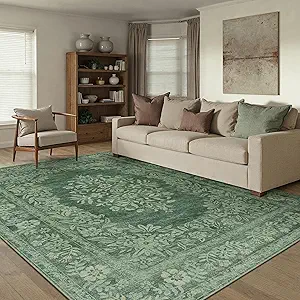 6x9 Area Rug Green Washable Vintage Distressed Living Room Carpet Large Bedroom Indoor Medallion Floral Non Slip Retro Throw Floor Mat for Office Dining Room Kitchen Bathroom