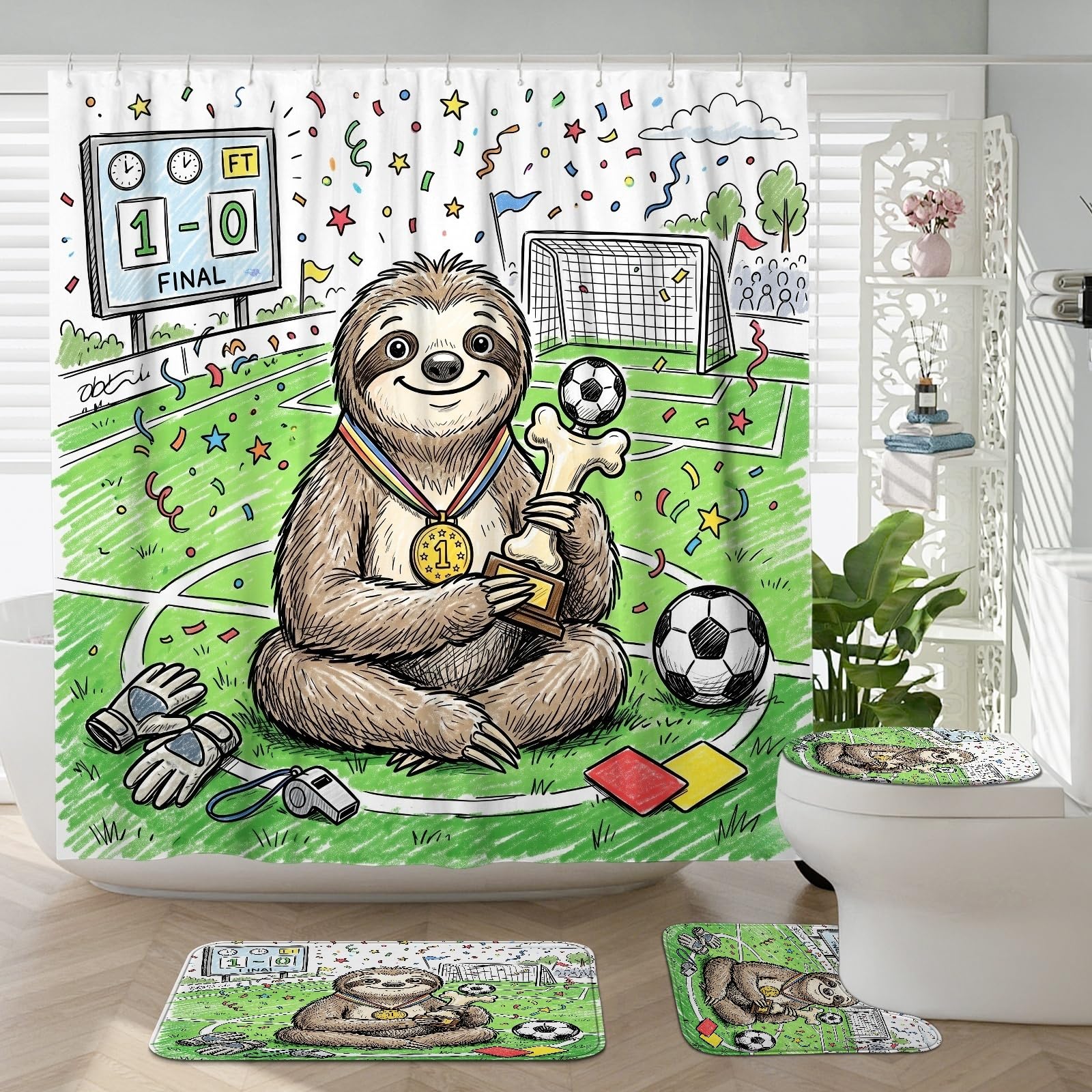 Rideau de douche paresseux football avec tapis antidérapant et contour WC en U