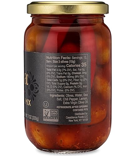 Miniatura 2 de Mina Mezcla de aceitunas picantes, 12.5 onzas – Aceitunas marroquíes seleccionadas a mano de primera calidad con harisa de chile rojo, aceitunas
