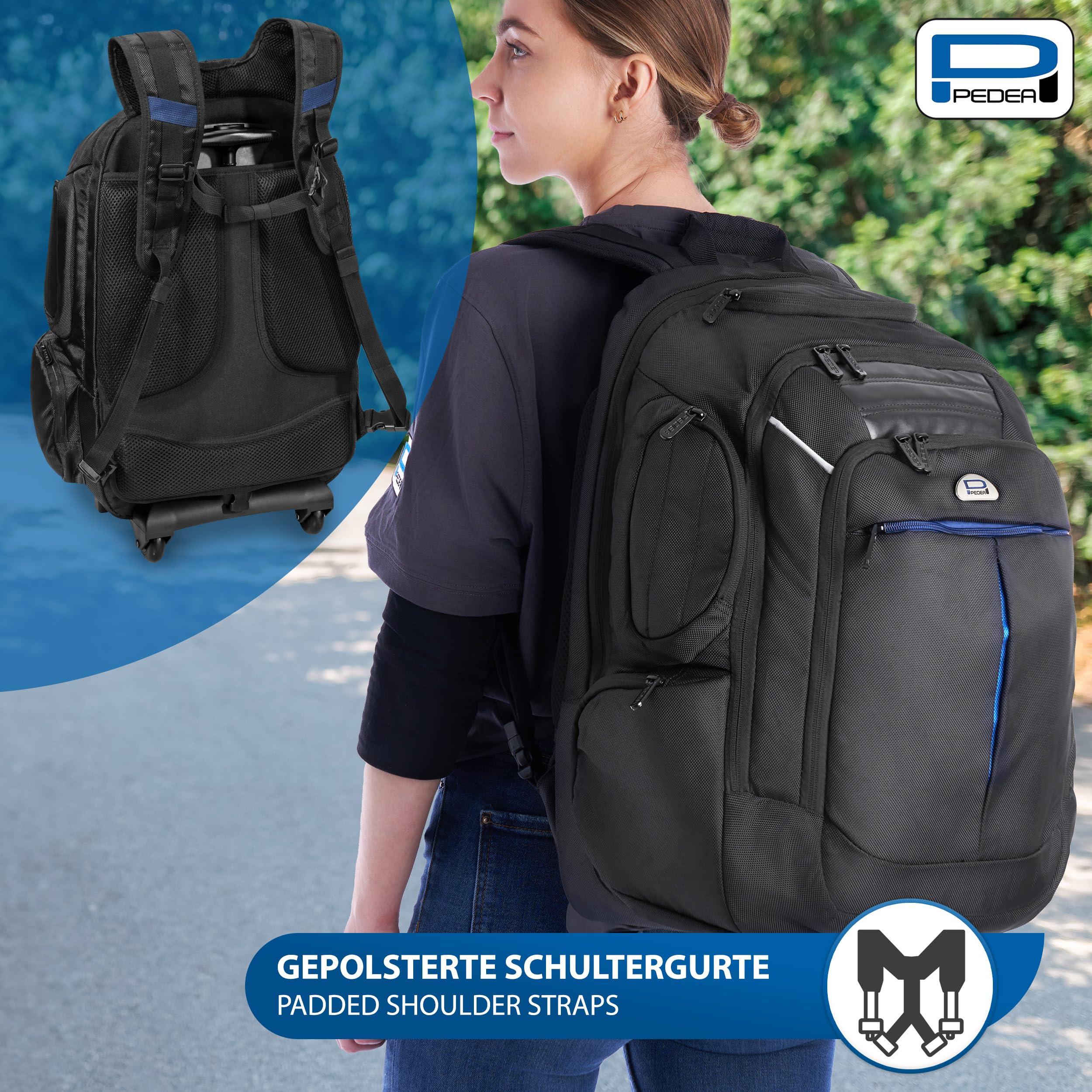 PEDEA Business Zaino Trolley “Premium” zaino per laptop fino a 17,3 pollici (43,9 cm) con scomparto per abbigliamento 24 ore e ruote, nero