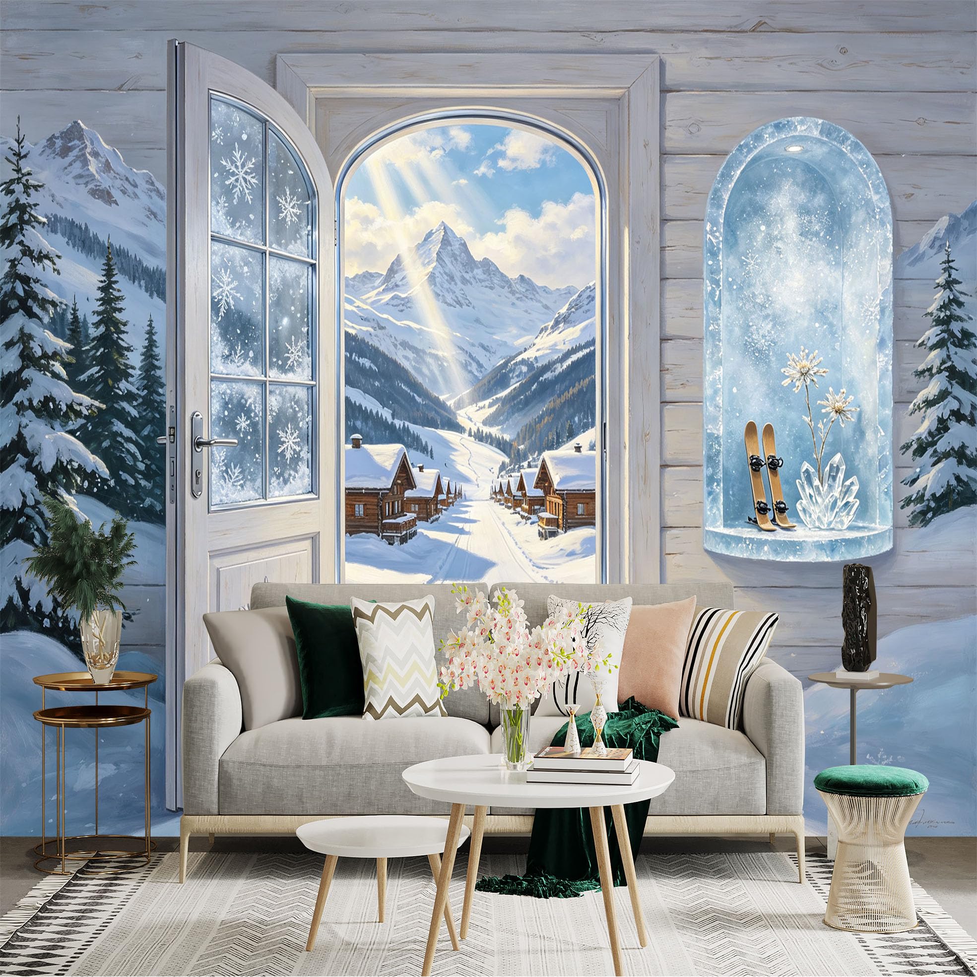 Custom Size Wall Sticker Mural， Snowy Mountain Village Winter Landscape Sunlight Cabin View， for wall Decoration， peelandstick wall Decals.