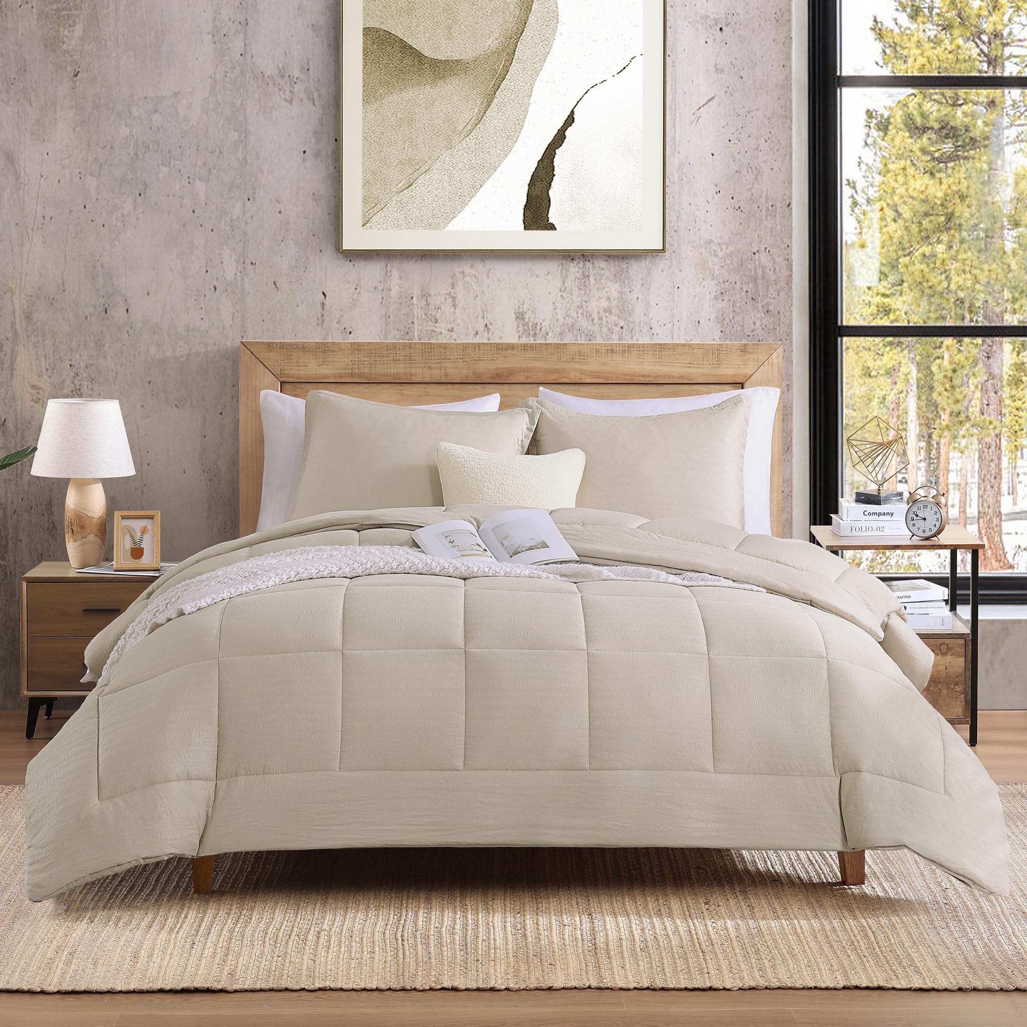 Monbix Bedding Set, 3Piece-Queen(90”X90''), All Seasons Comforters, Beige, Contemporary Style, Embossed Design, Microfiber, 3 Pieces Included