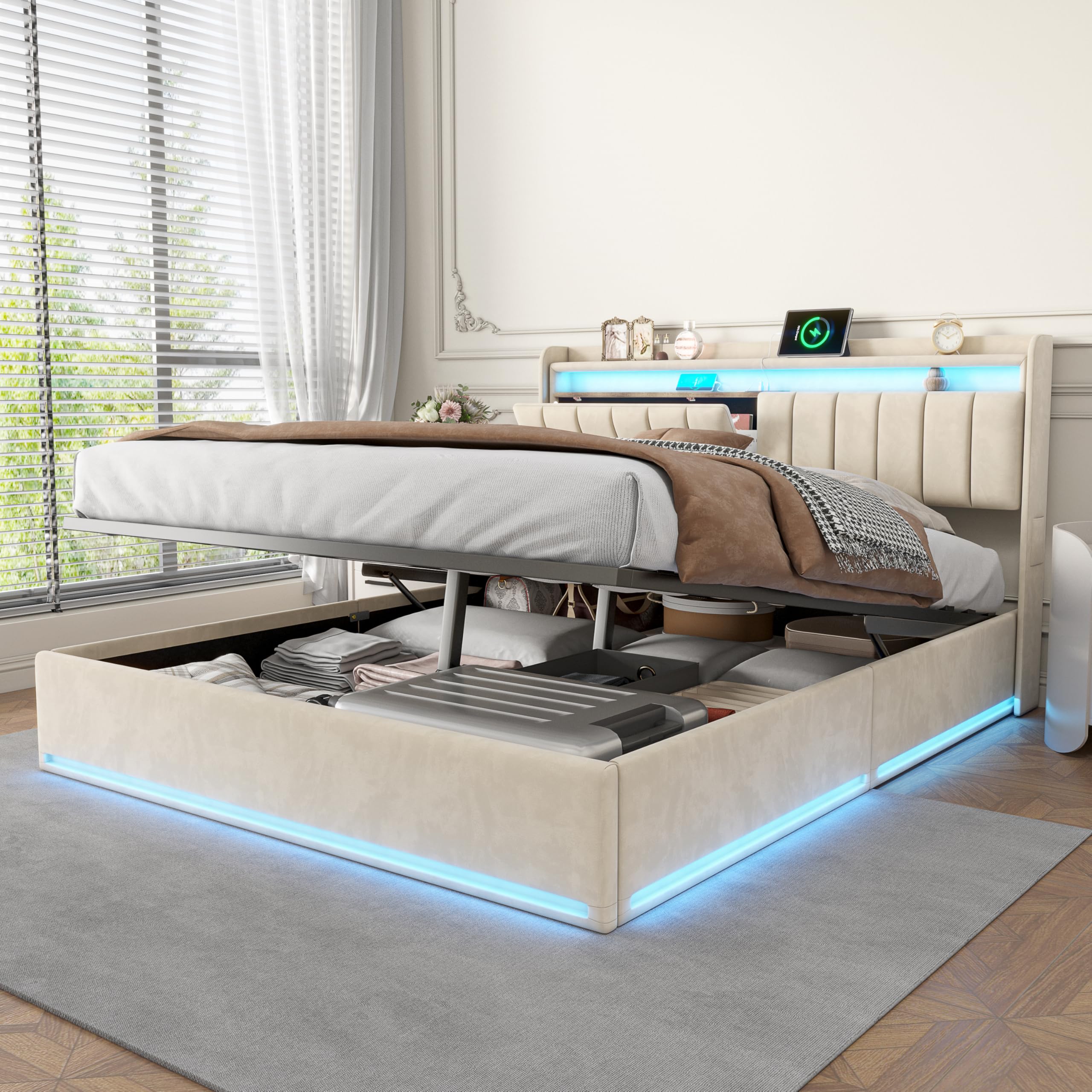 CDQL Cama tapizada de Matrimonio de 140 x 200 cm, con Conexiones USB y Type-C en el cabecero, estantes Abiertos y Compartimento Oculto, iluminación LED integrada, Terciopelo, Beige