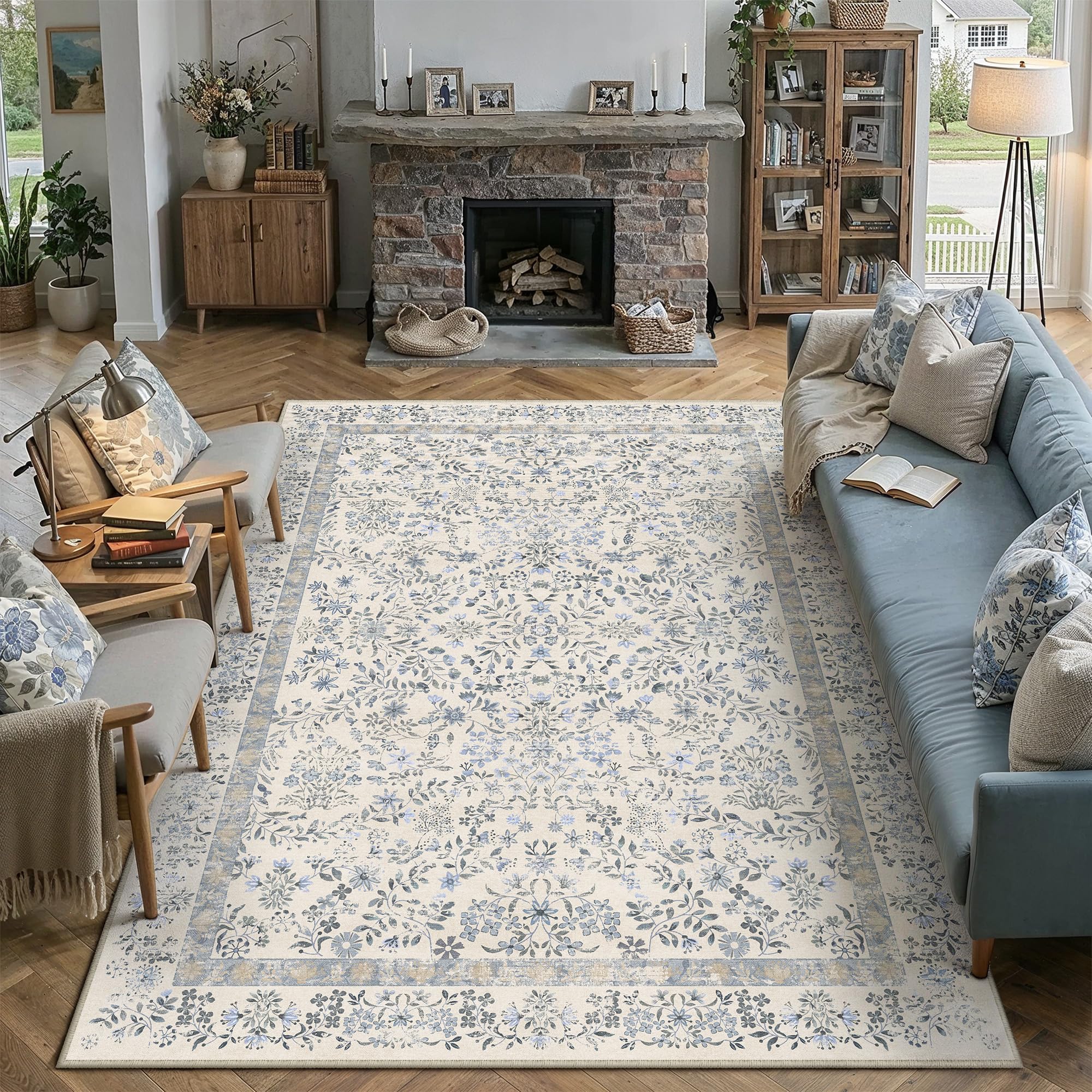 PureCozy Rugs Living Room 200x300cm Blue Flower Large Area Rug Non Slip